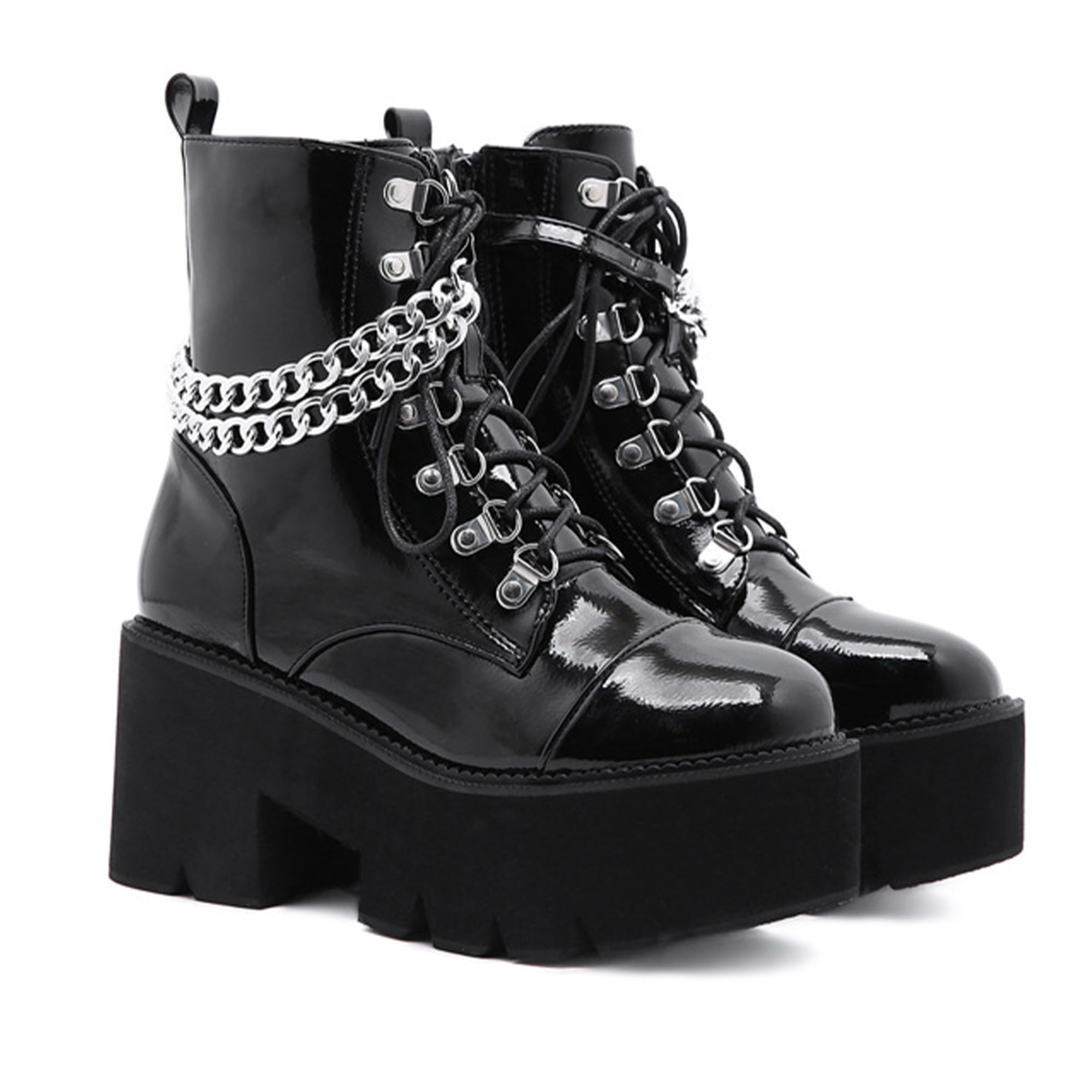 Womens Platform Boots Round Toe Chunky Ankle Boots Punk Boots Lace Up&Zipper Combat Boots