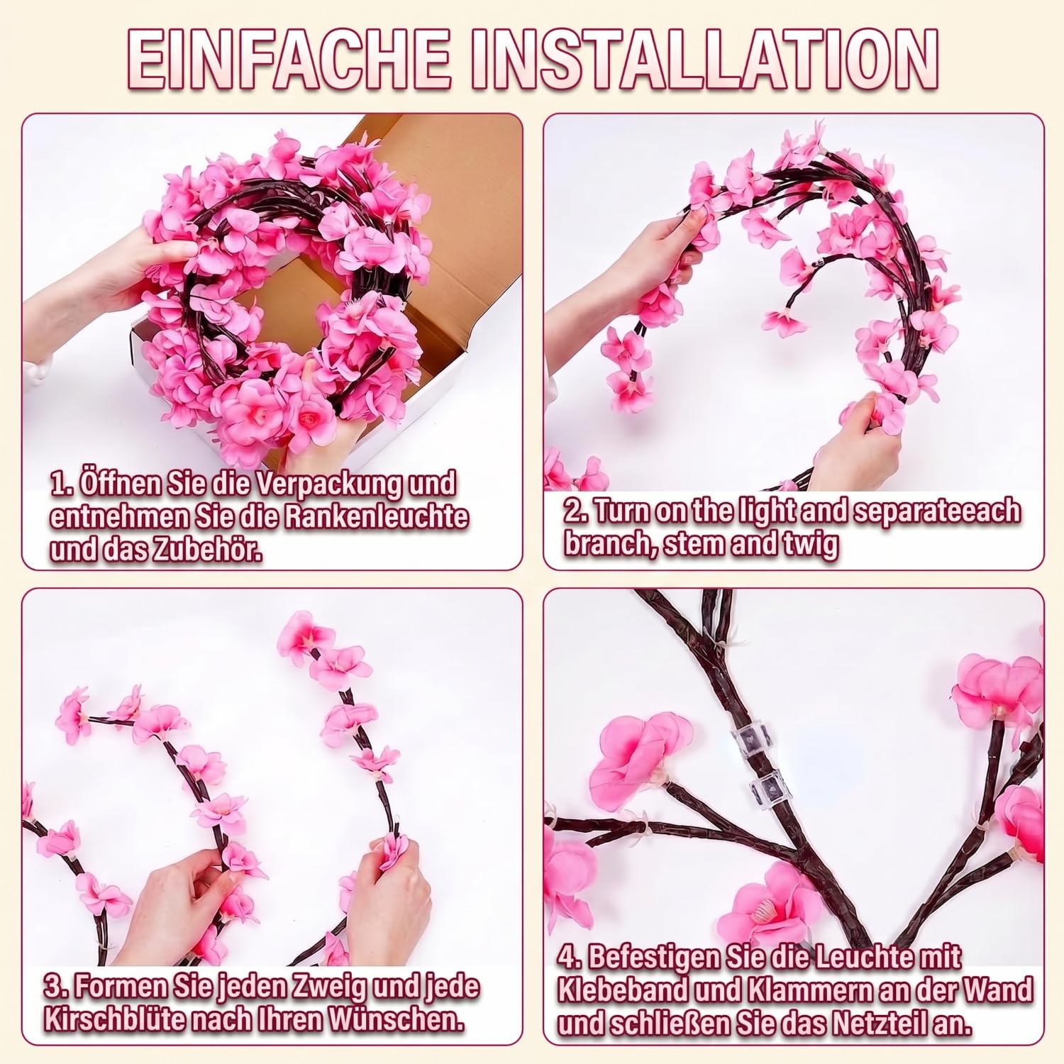 Gresonic Guirlande lumineuse solaire à LED décorative en fleurs de cerisier, Willow Vin, minuterie USB, branches de fleurs de cerisier (144 LED)