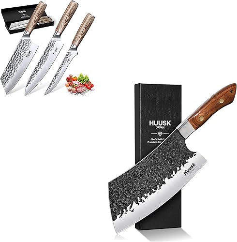 Huusk Juego de 3 cuchillos de carnicero con cuchillo de cocina japonés