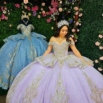 Mouccy Glitter Beaded Quinceanera Dresses with Train Off Shoulder Lace Sweet 16 Dresses Rhinestone Gold Appliques Ball Gown