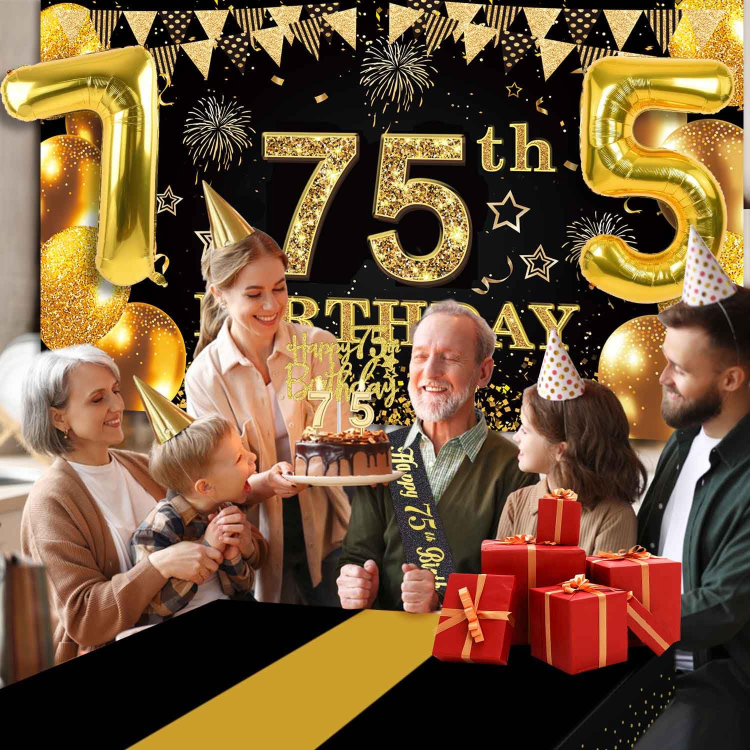 75th Birthday Decorations Men Women with 75th Birthday Banner, Black and Gold Table Cloth, Number Balloons, Large Sash, Cake Topper and Candles