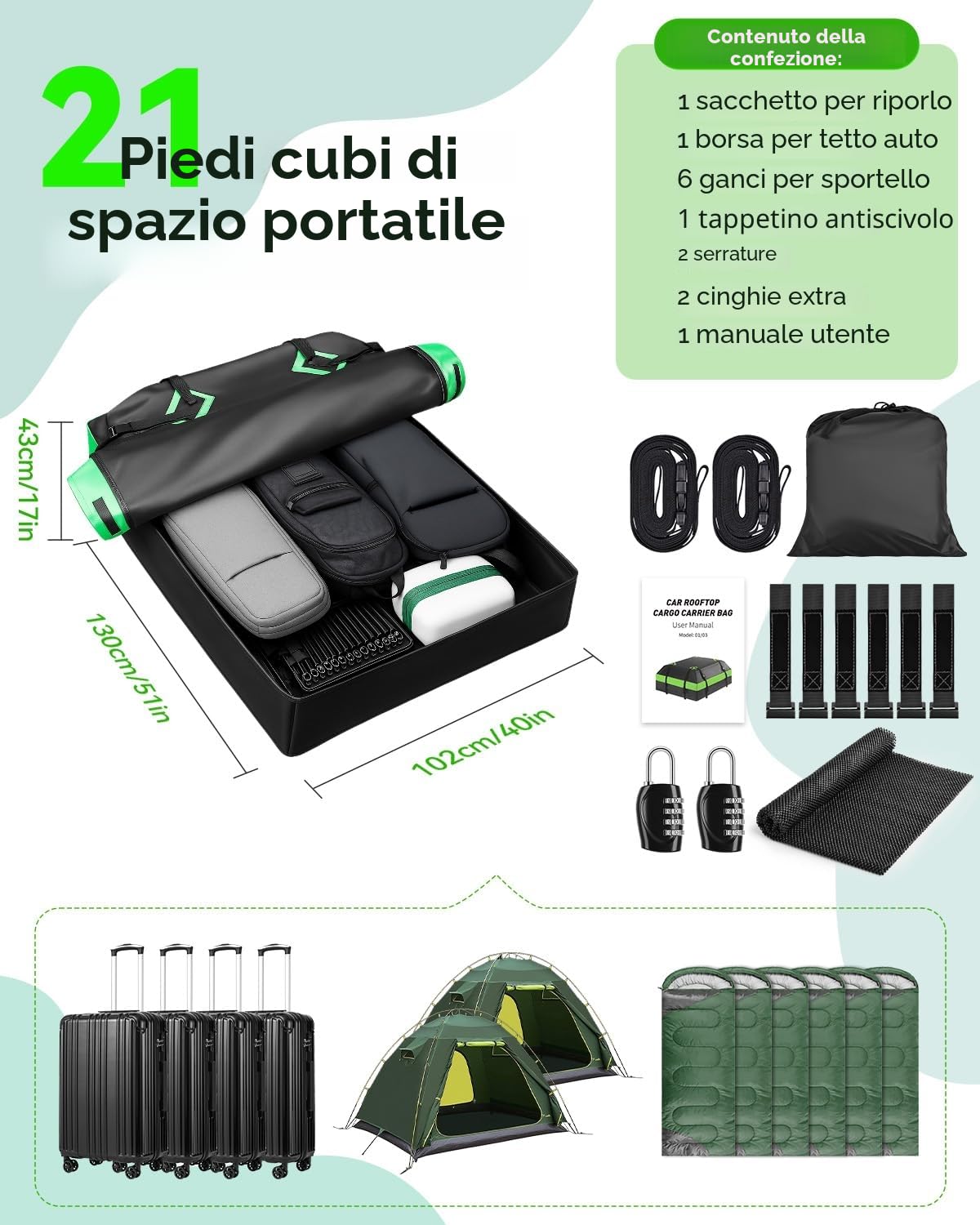 Borsa da Tetto per Auto 595 L Box da Tetto Auto Pieghevole Impermeabile 1000D Oxford con 6 Cinghie Robuste 2 Serrature Codice Tappetino Antiscivolo e Borsa Portaoggetti per Auto SUV Pickup Viaggi