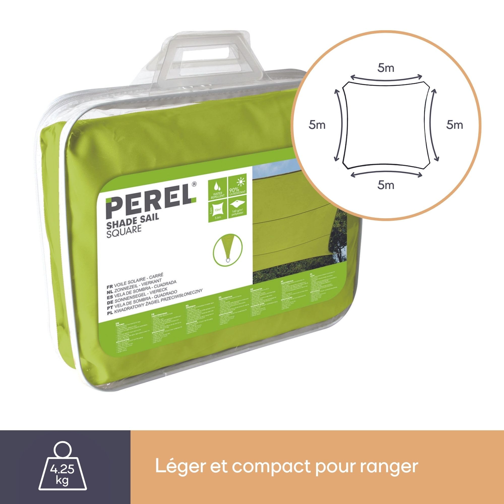 Perel Voile d’ombrage 5 x 5 m, Carree pour Jardin et terrasse, Polyester deperlant 160 g/m2, Protection UV 90%, Toile Respirante avec Anneaux en Acier Inoxydable, Vert Citron