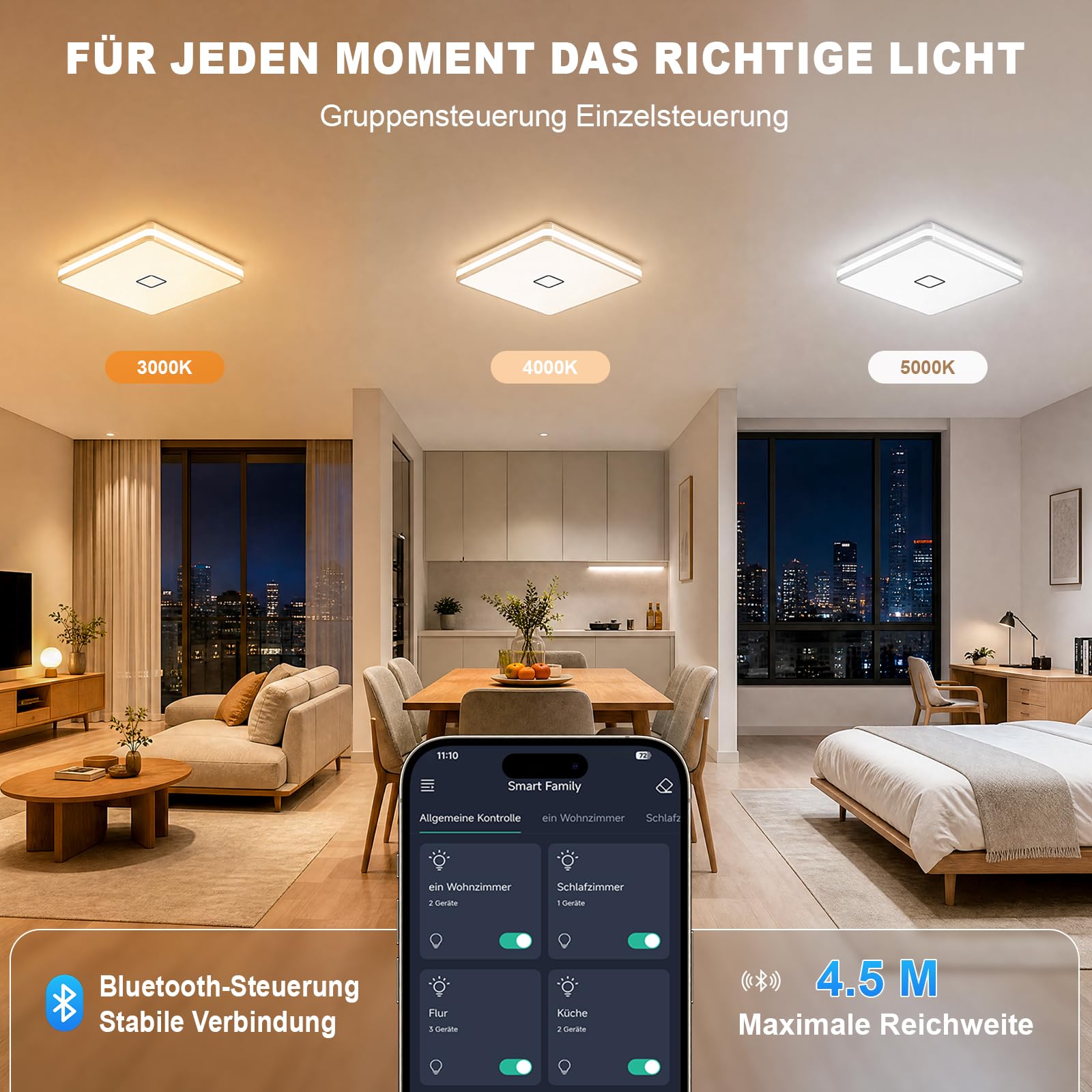 Deckenlampe eckig 24W, led deckenleuchte dimmbar mit App, Badezimmer Lampe decke Warmweiß/Naturweiß/Kaltweiß(3000-5000K) mit Nachtlicht, Badlampe modern für Bad Küche Schlafzimmer Wohnzimmer Flur 32CM