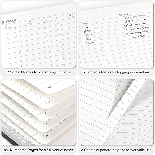 Miniatura 5 de Cuaderno rayado para hombres y mujeres, cuaderno de 365 páginas numeradas a rayas universitarias, diario de cuero de tapa dura con bolígrafo y caja