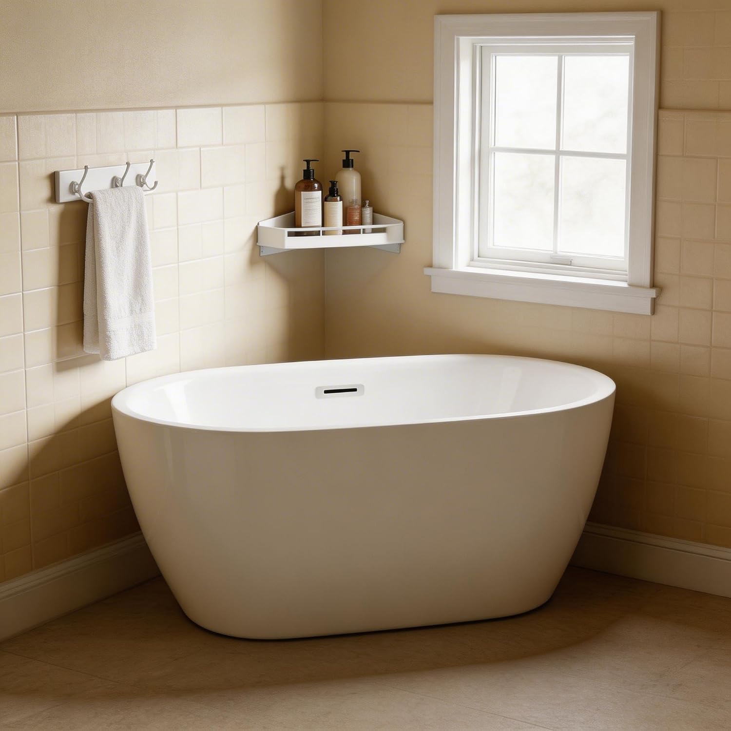 Casaphoria Freestanding Acrylic Oval Bathtub 47", White Soaking Tub with Chrome Overflow and Pop-Up Drain Included, Easy Install Independent Tub for Bathroom Renovation, Small Space