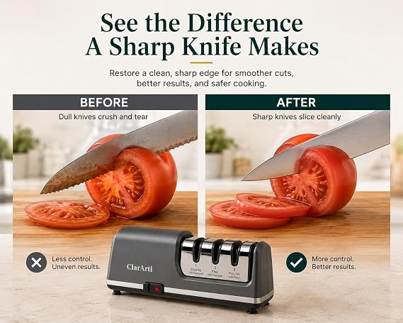 Electric Knife Sharpener 3-Stage Diamond Sharpening System for Straight & Serrated Kitchen Knives, Guided 20 Angle, Compact Design