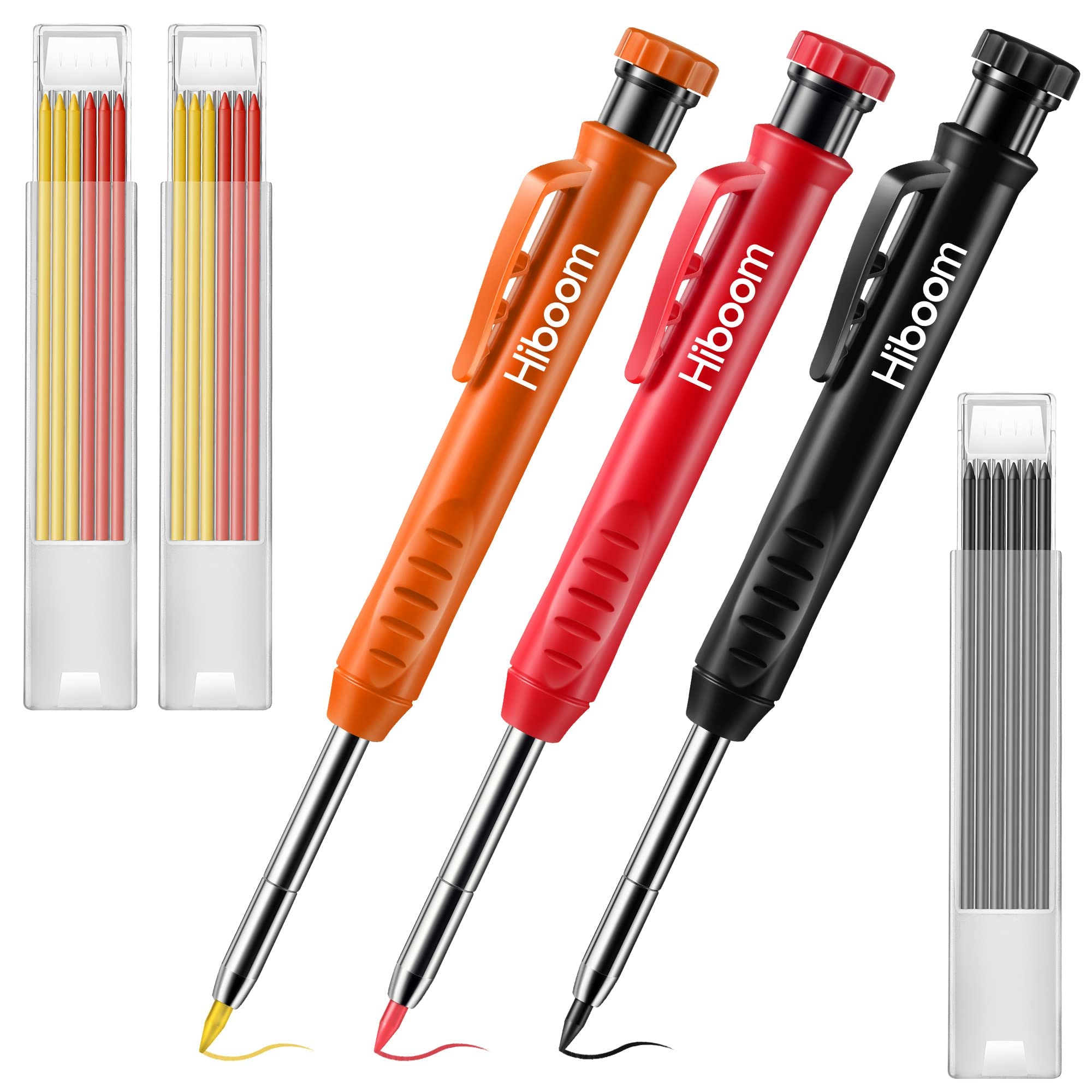 Hiboom 3 Pack Solid Carpenter Pencil with 21 Refill, Long Nosed Deep Hole Mechanical Pencil Marker with Built in Sharpener for Carpenter Father's Day Gift (Orange, Red, Black Cover)