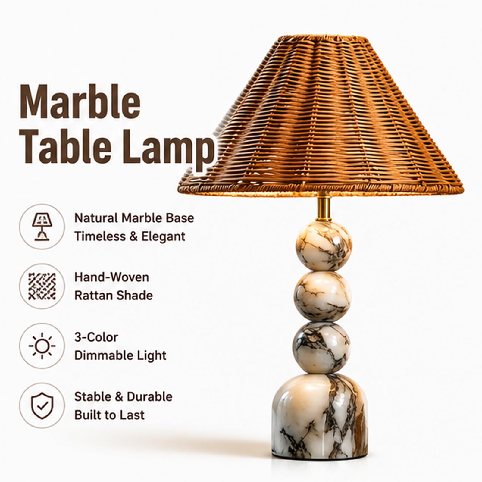 Lampada da Tavolo in Marmo, Dimmerabile a 3 Vie/Luce Decorativa
