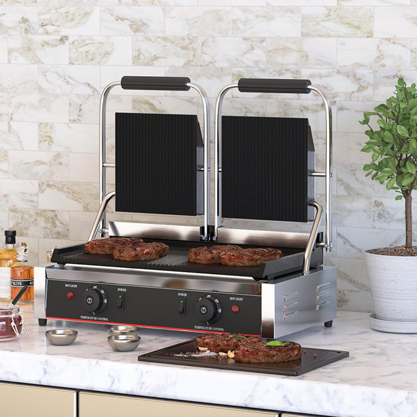 Sandwichera Comercial Eléctrica Panini Press Maker 50-300 ℃ Control De Temperatura Ajustable Superficie Antiadherente Placas De Doble Ranura 3600W Sandwichera Tostadora para Cocina