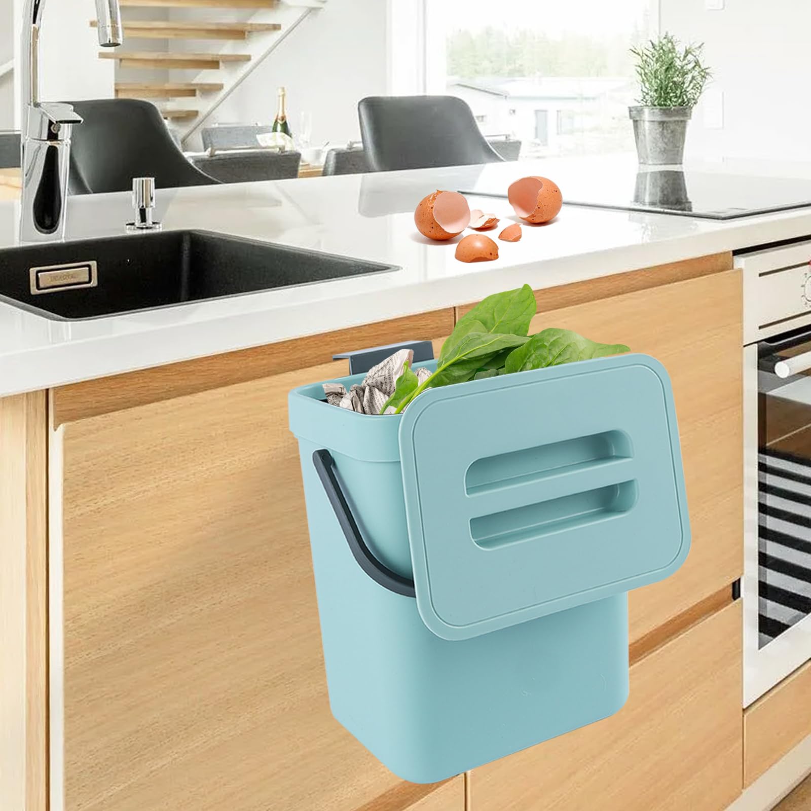 Secchio da Compost da Cucina Piccolo, Bidone della Spazzatura da Appendere, Biometro, Pattumiera per Piano di Lavoro, Contenitore con Coperchio, Compostiera, per Interni, 3 L, Blu.