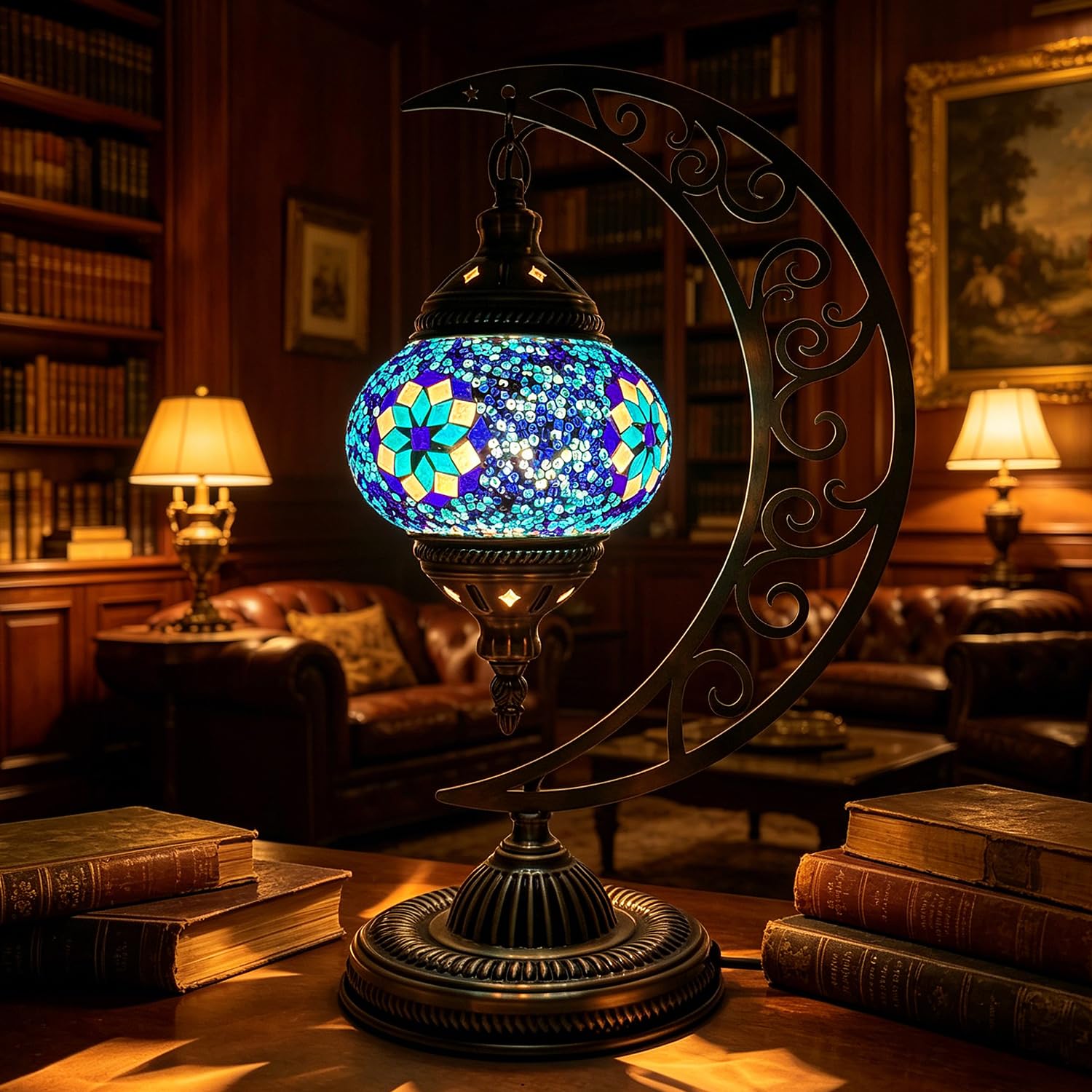 Turkish Lamp Moon Shaped USB Powered Bohemian Turkish Moroccan Style Bedside Lamp Mosaic Stained Glass Table Lamps with Bronze Base H 15.35in for Study Room Office Bedroom Decor(Colorful19) — image 1