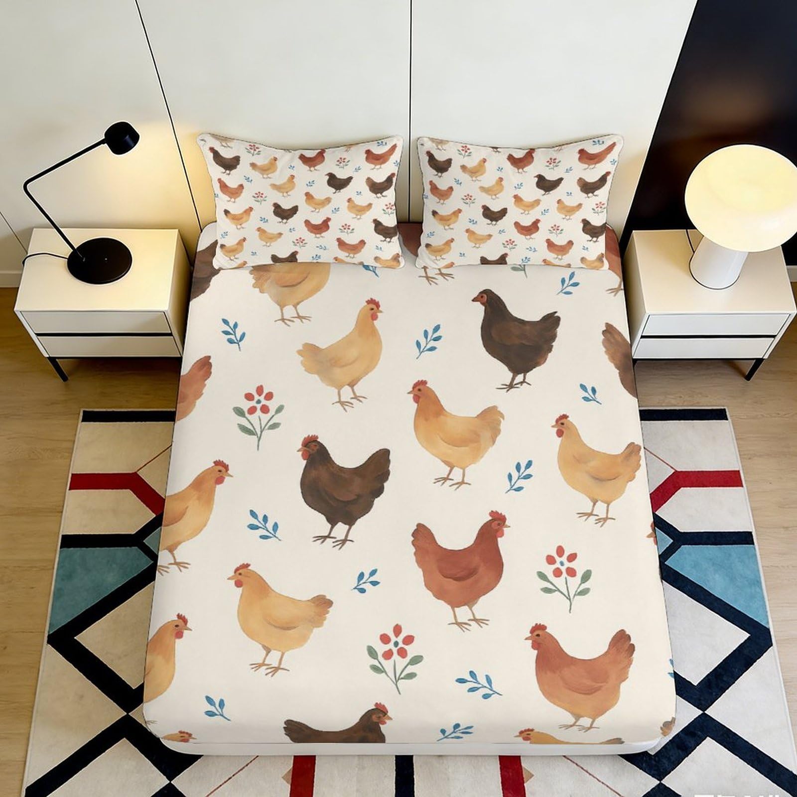 3D Printed Chicken Farmhouse Fitted Sheet Microfiber Soft Brown Hen Bed Cover for Bedroom Dorm Mattress Protection Decor 90x200x25cm