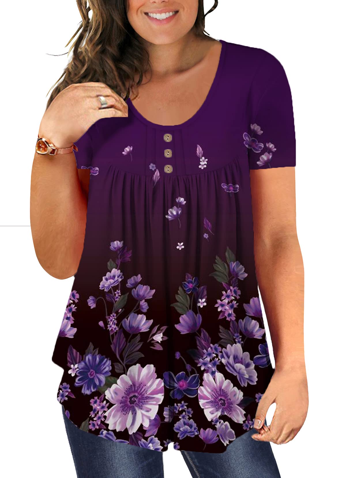 Photo 1 of  3X-Large BeadChica Plus Size Tunic Tops For Leggings Casual Flowy Tshirts Ruched Blouses For Women Purple 3X-Large