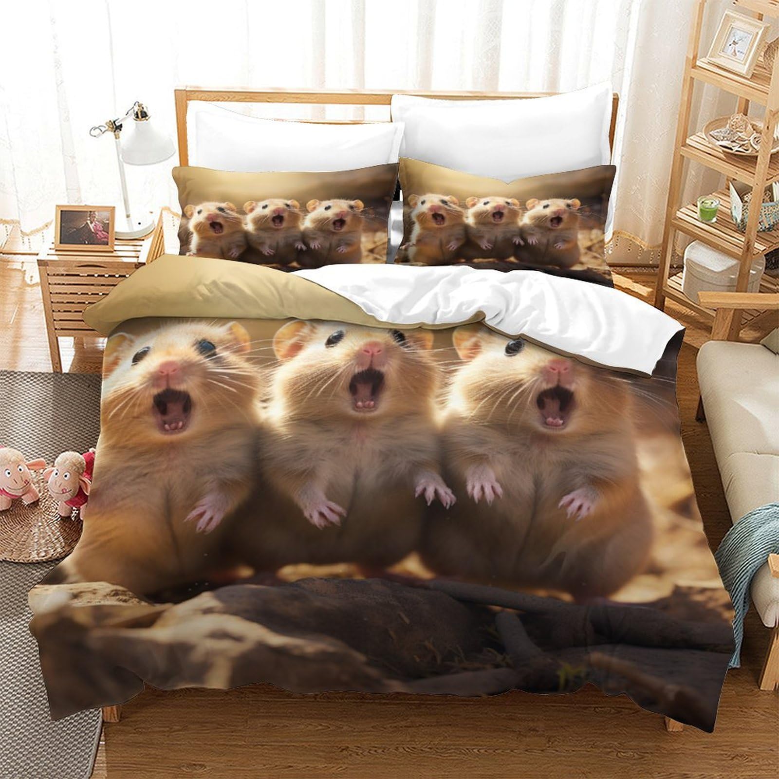 P1S9U7W5Y 3D Printed Cute Hamster Duvet Cover Set 3 Pieces Microfiber Soft Bedding Set for Bedroom Decor Animal Theme Gifts for Teens Adults Double（200x200cm）