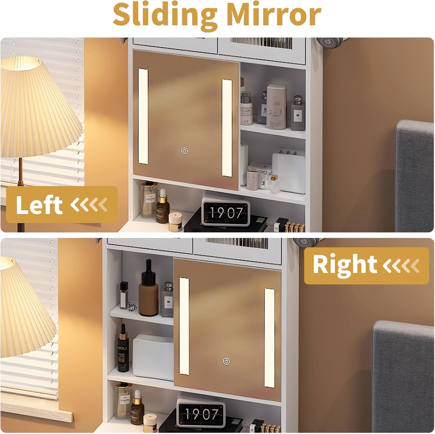 VINGLI 3 in 1 Vanity with Sliding LED Lighted Mirror & Padded Stool on Wheels, Small Makeup Vanity with 3 Drawers & 2 Cabinets, Compact Vanity Set with Power Outlet & 2 Hooks for Bedroom, White