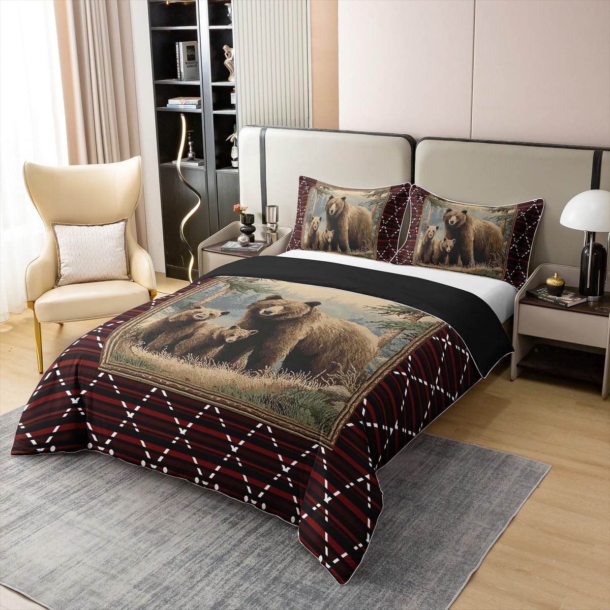 Homewish Jagd Bärenmuster Baumwollbettwäsche 135x200 Rustikale Hütte Abenteuer Bettbezug Jugendliche Land Bauernhaus Bettwäsche Geometrischer Diamant Bedding Wohndekor 2 Teilig