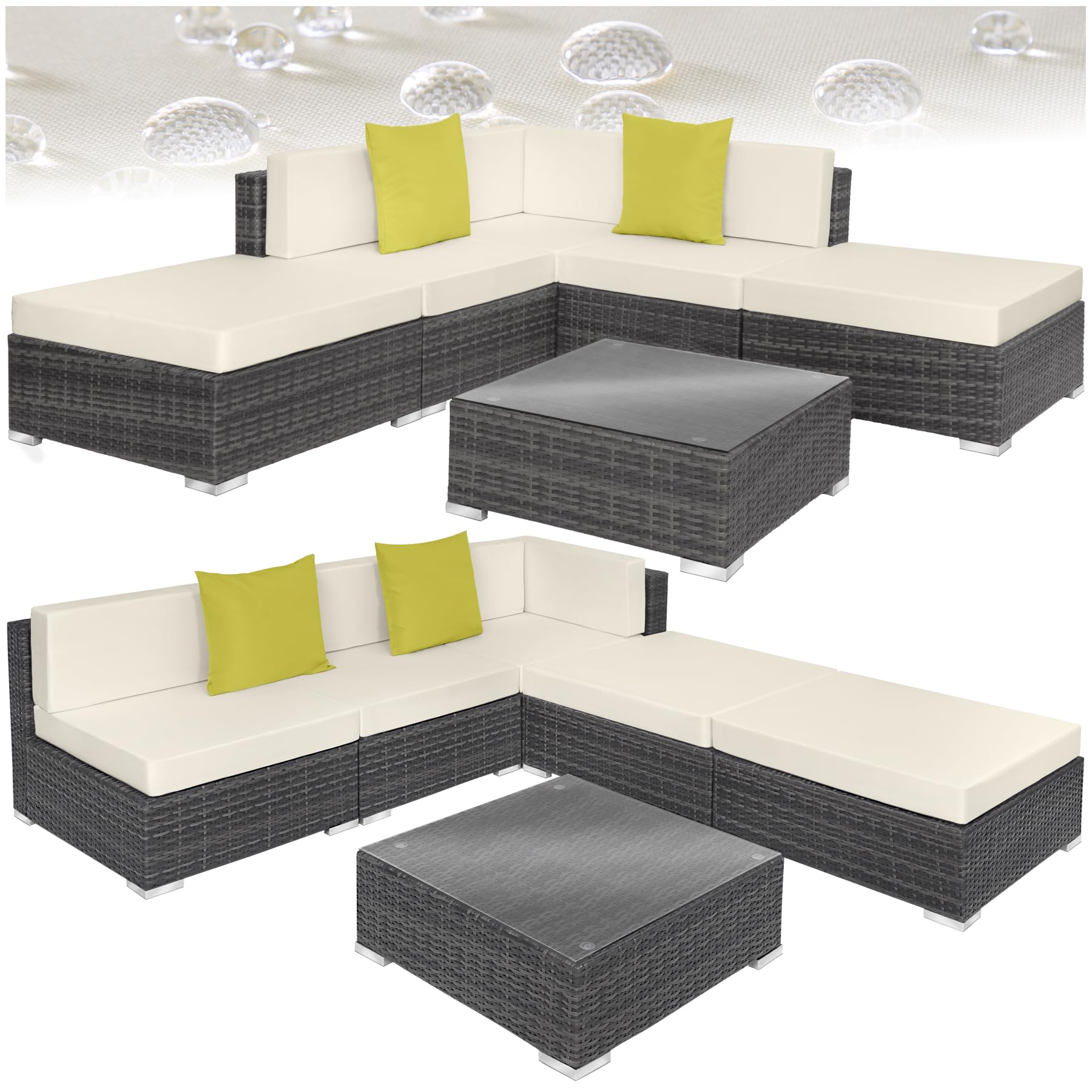 tectake® Ensemble Salon de Jardin Exterieur XXL en Poly Rotin Modulable Canapé 5 Places 3 Fauteuil Salon 2 Tabouret Pouf et 1 Table de Jardin, Mobilier de Jardin pour Amenagement Balcon Terrasse
