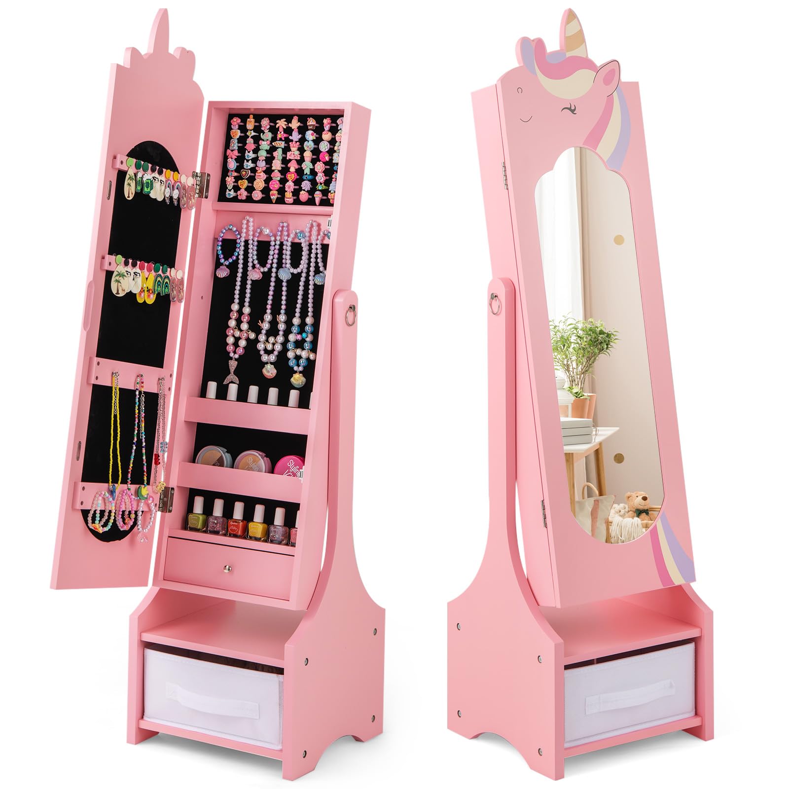 COSTWAY Armadietto Portagioie per Bambini 31,5 x 30 x 115cm, Specchio a Figura Intera a Forma di Unicorno con Ganci, Ripiani e Cassetti, Specchiera da Toeletta per Cameretta (Rosa)