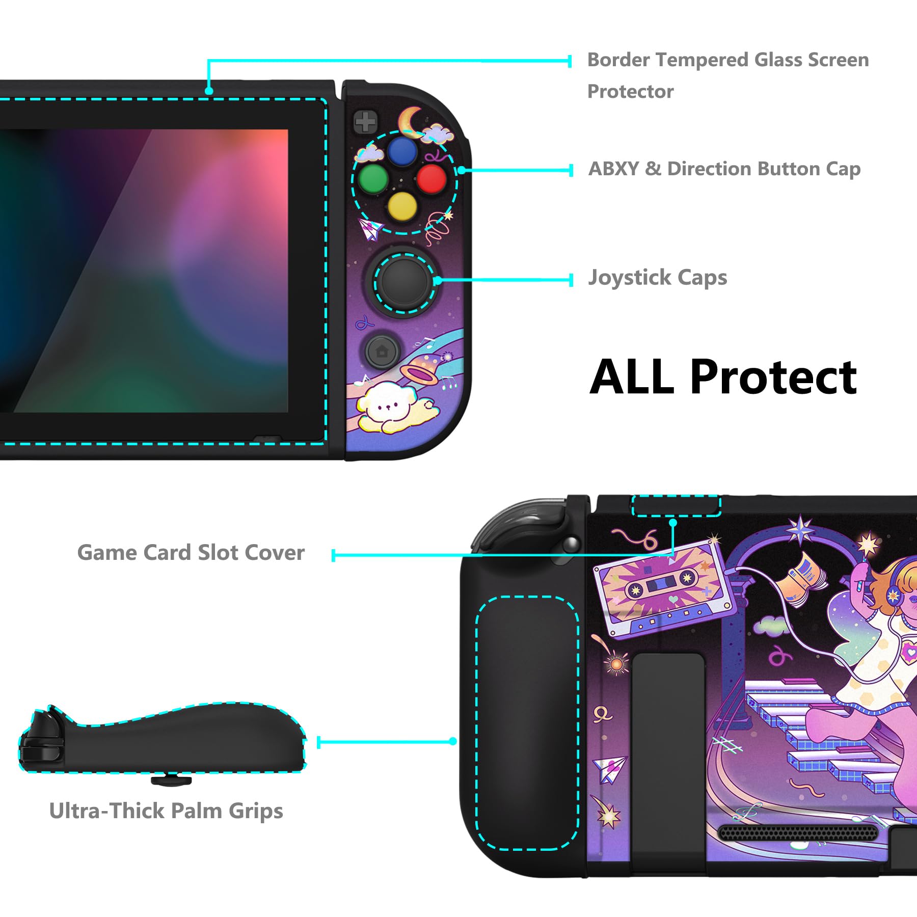 playvital ZealProtect - Custodia protettiva morbida per Nintendo Switch, protezione flessibile per interruttore, con pellicola protettiva in vetro, impugnature per pollice e tappi per pulsanti ABXY