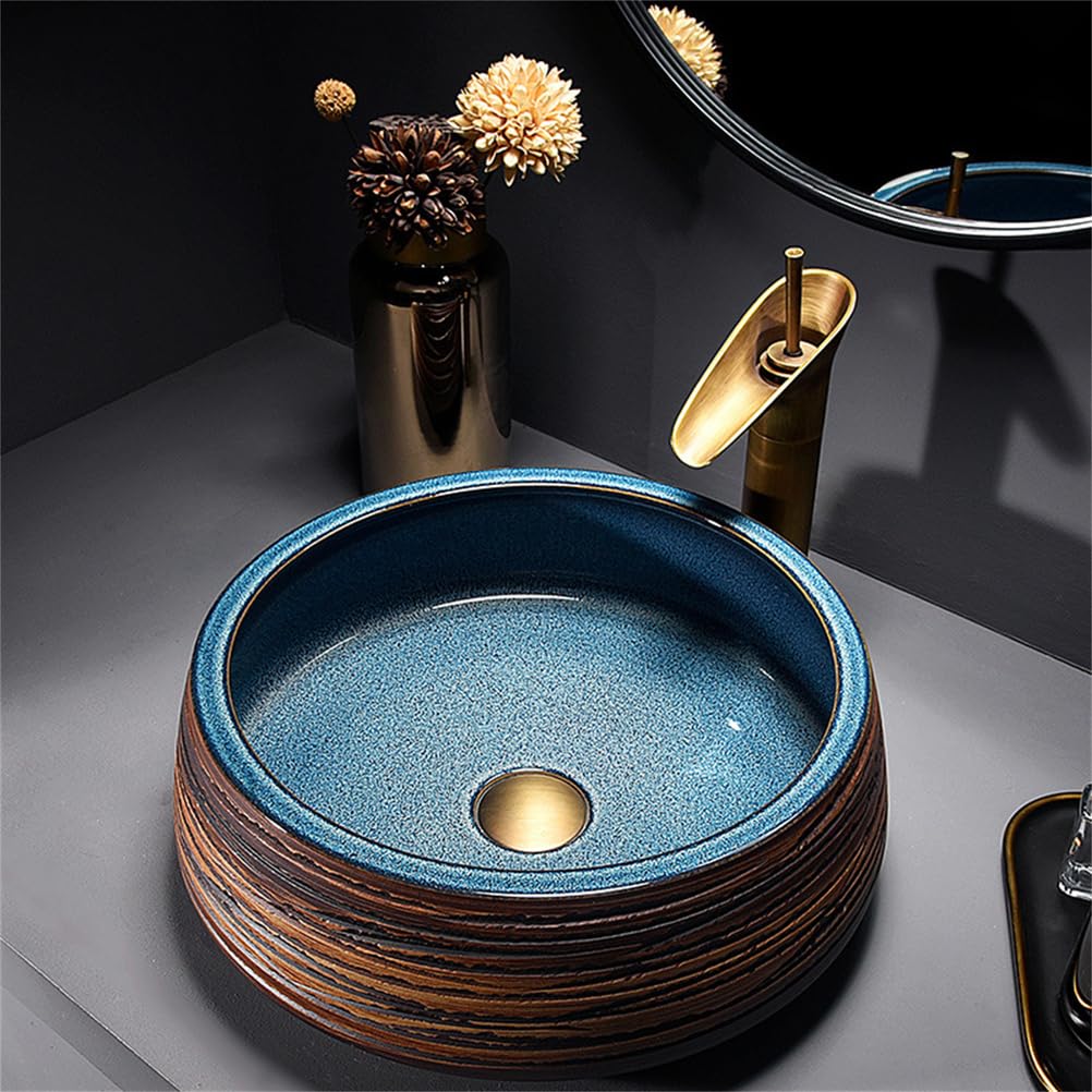 TIANQIHAO Ceramic Vessel Sink, Round Bathroom Sink, Countertop Sink Bowl With Faucet, Retro Porcelain Vanity Sink For Bathroom
