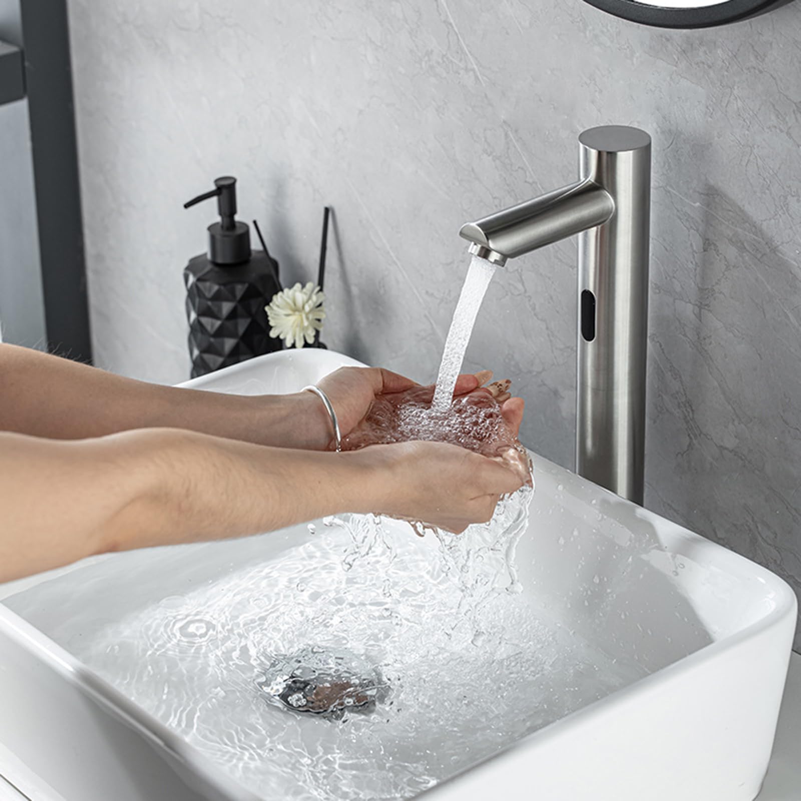 XJTNLB Rubinetto Sensore Automatico Bagno Rubinetto Lavabo Touchless Acqua Calda e Fredda Miscelatore Lavabo in Acciaio Inox,Spazzolato,Alto