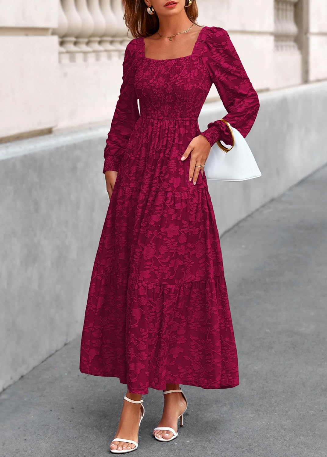 KIRUNDO Wedding Guest Dresses for Women Spring 2026 Long Sleeve Smocked Floral Flowy A Line Boho Maxi Dress Fashion Clothing - Image 8