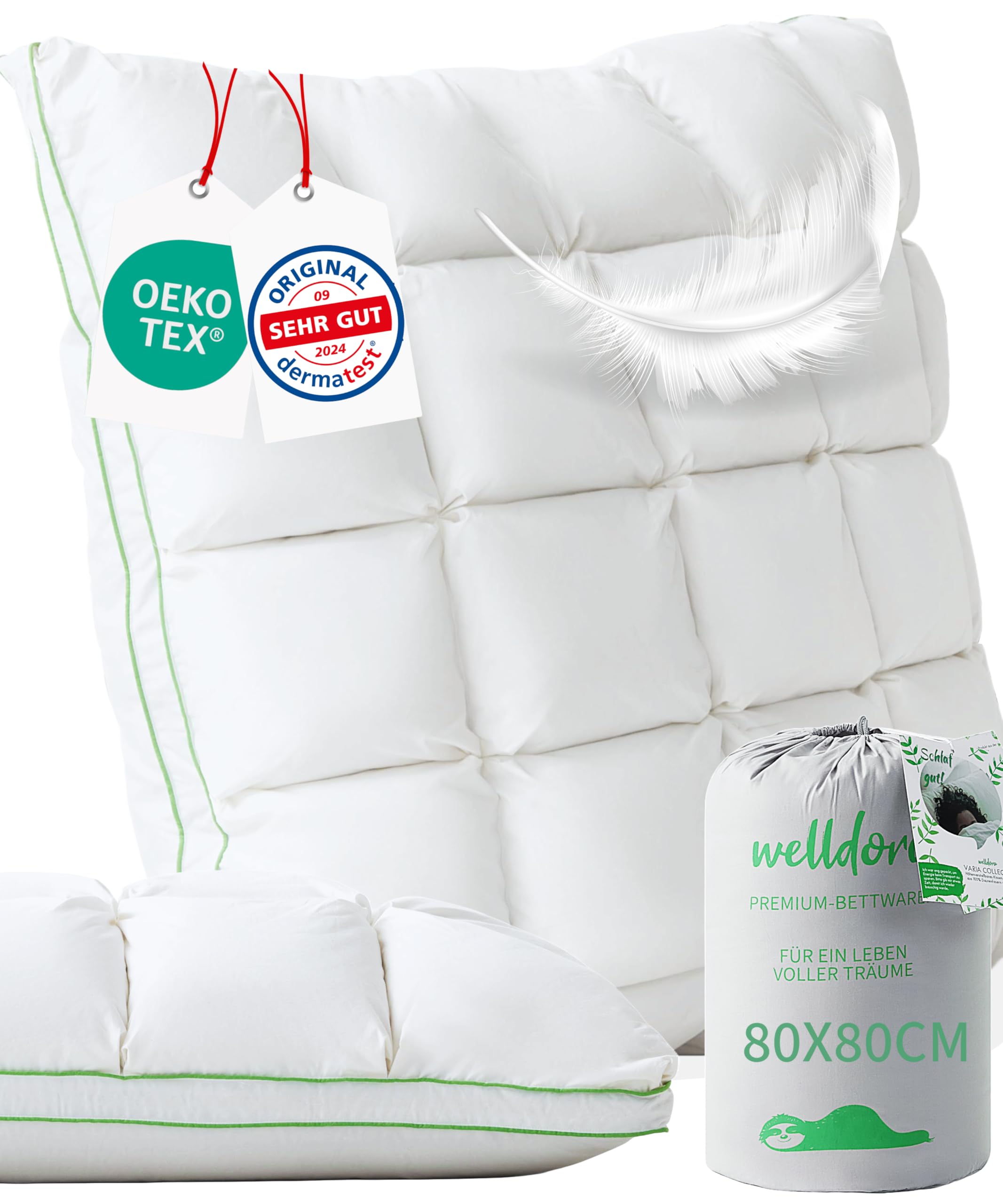 Welldora Premium Kopfkissen 80x80 | 100% Daunenfasern & Federn | Innovatives Puffwolken-Design für höchsten Komfort & Ergonomie | mittelfestes Kissen fachärztl. geprüft, Oeko-Tex zert. in der Schweiz
