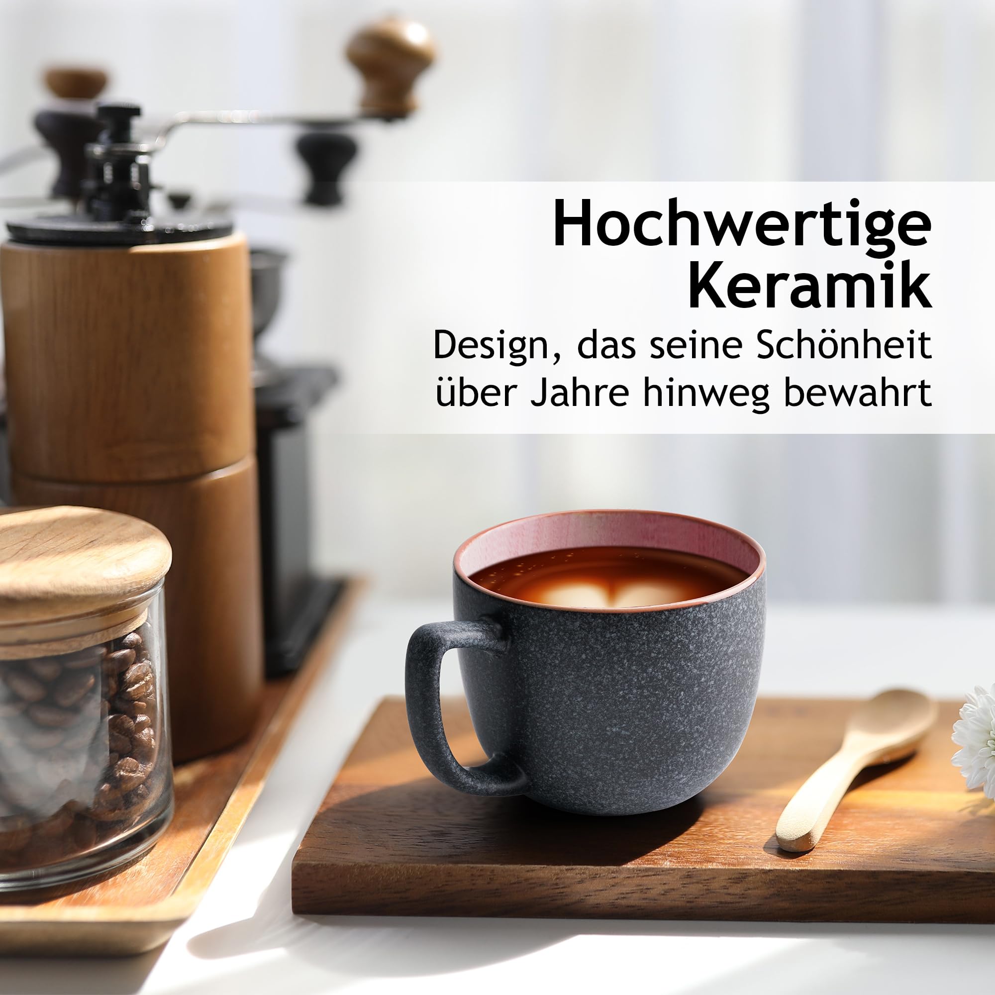 MIAMIO - Las Palmitas Kaffeetassen 6er Set - 6 große bunte Steingut-Tassen 470 ml - Kaffeebecher & Teetassen für Cappuccino, Latte Macchiato & Tee