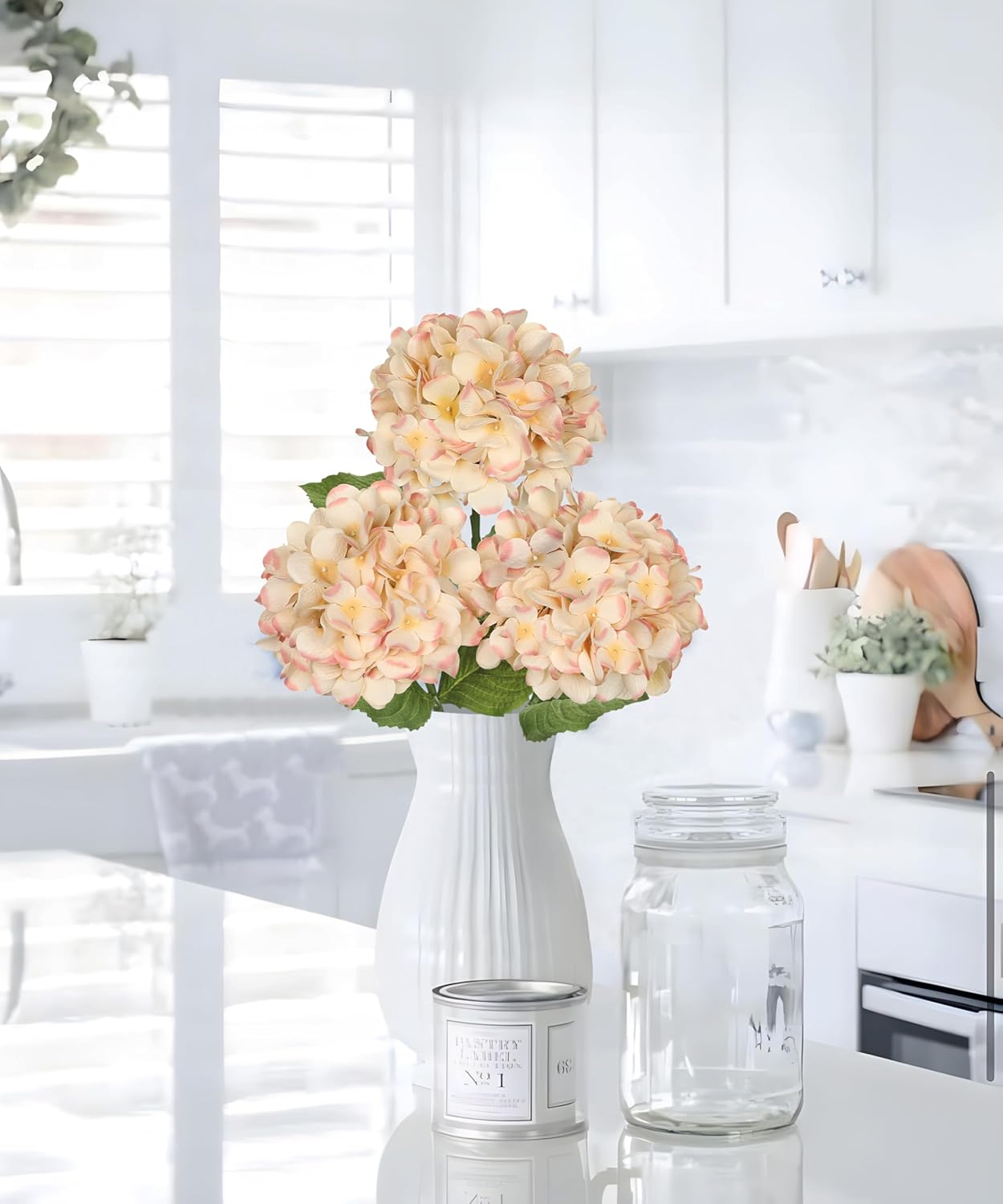 Hollyone 3Pcs Beige Hydrangea Artificial Flowers 28.7" Real Touch Large Faux Silk Hydrangeas Flowers with Stems Fake Flower for Home Wedding Floral Arrangement Centerpiece Table Vase Fall Decor - Image 6