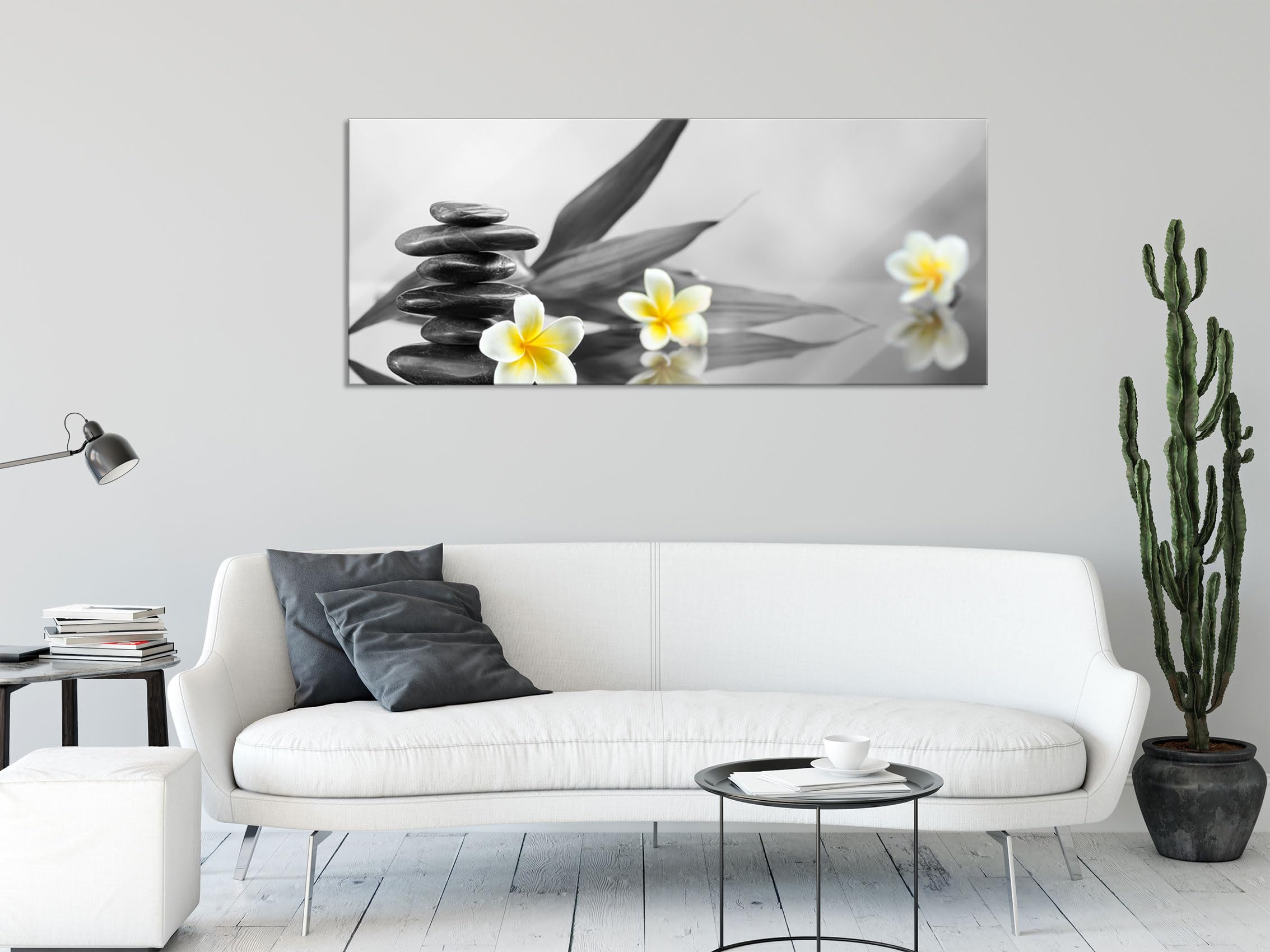 Quadro in vetro panoramico, da parete in vero vetro, candele con pietre Zen e ninfea, 100 x 40 cm, con sospensione e distanziatore