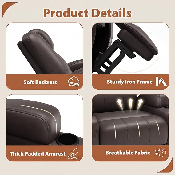 Flamaker Swivel Rocker Recliner Chair with Vibration Massage | 360 Swivel Recliner Chairs for Adults Ergonomic Nursery Rocking Chair with Cup Holders for Living Room (Leather, Brown)