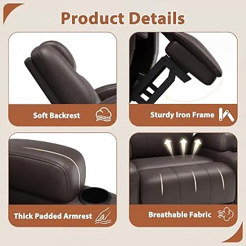 Flamaker Swivel Rocker Recliner Chair with Vibration Massage | 360 Swivel Recliner Chairs for Adults Ergonomic Nursery Rocking Chair with Cup Holders for Living Room (Leather, Brown)