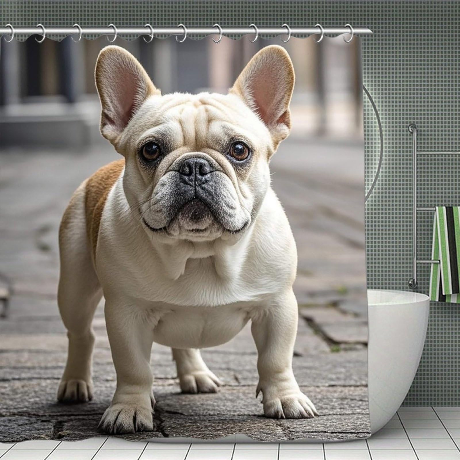 QMNLKH French Bulldog Shower Curtain with Hooks, Waterproof Bath Curtains for Bathroom, Lightweight Bath Curtains Liner for Hotel, Personalized Bath Curtain for Spa, 70.8 Inch