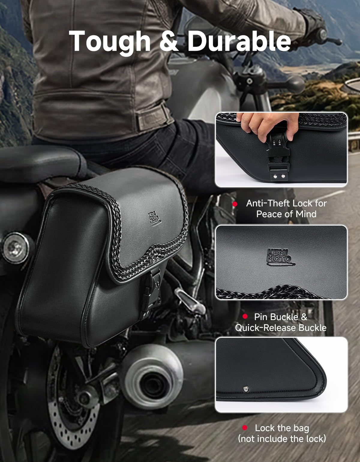 KEMIMOTO Sacoches de Moto latérales en Cuir avec Serrure - Noir