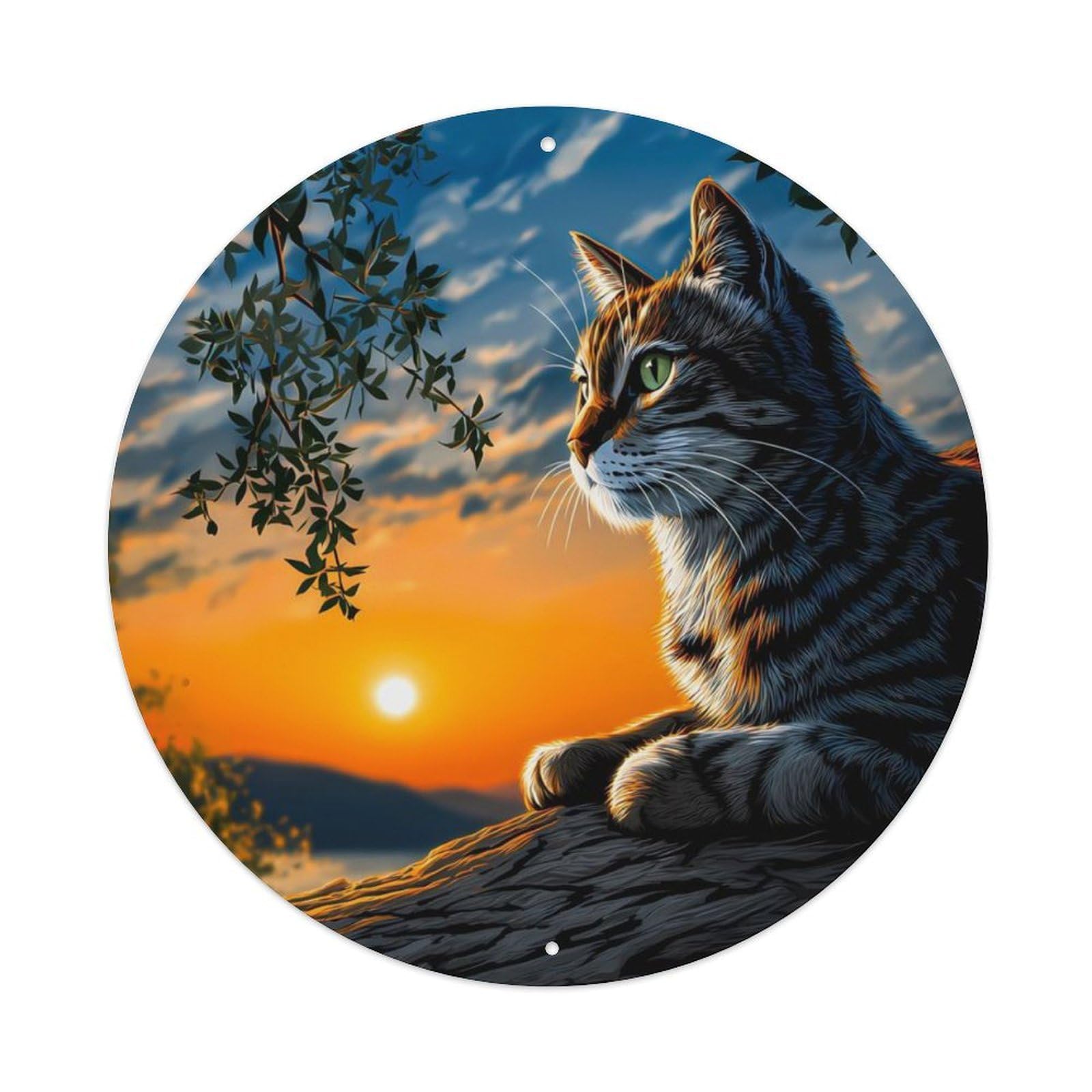 Animal Tabby Cat Sunset Vintage Metal Tin Sign Plaque Wall Decor for Cafe, Club Bar, Office, Garden Metal Poster 8x8Inch