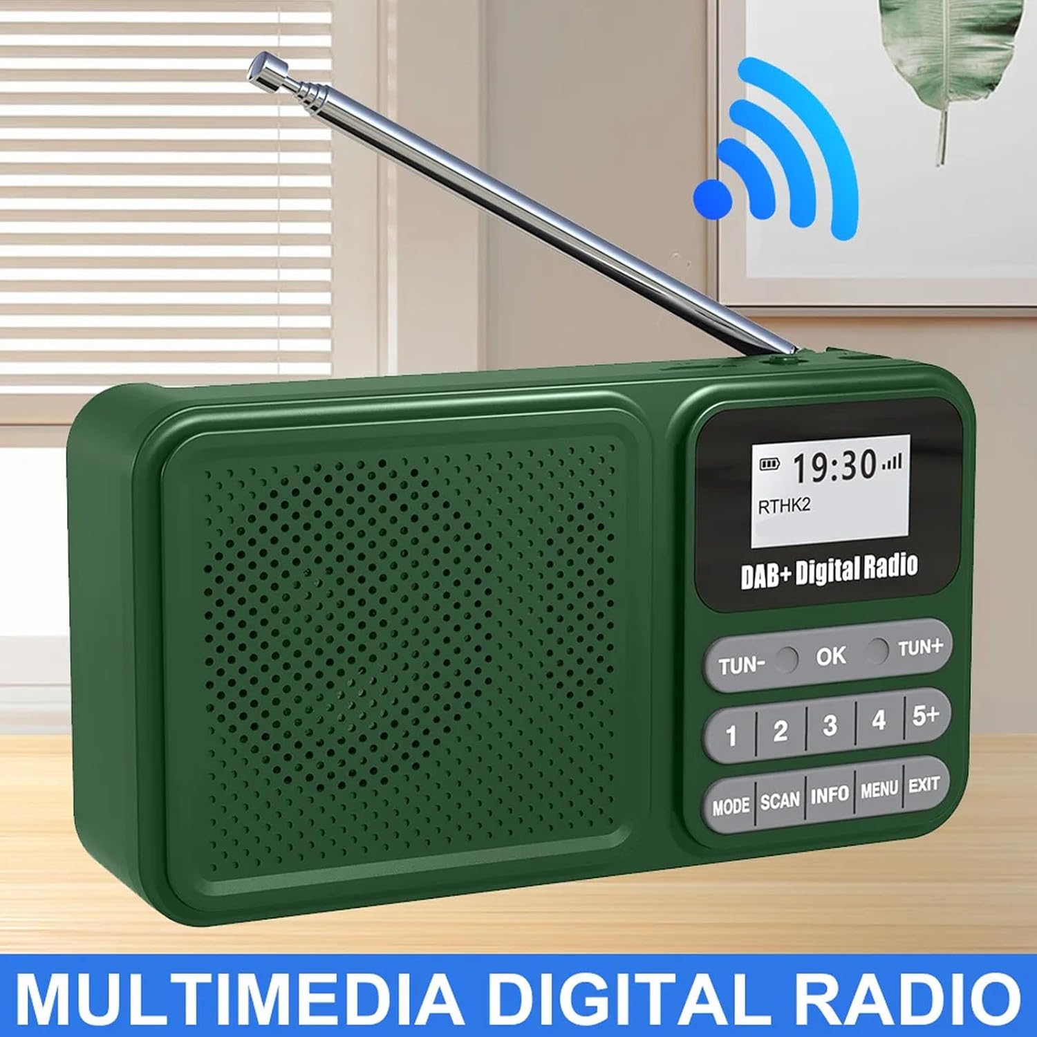 Davant view of the multimedia digital radio with antenna extended