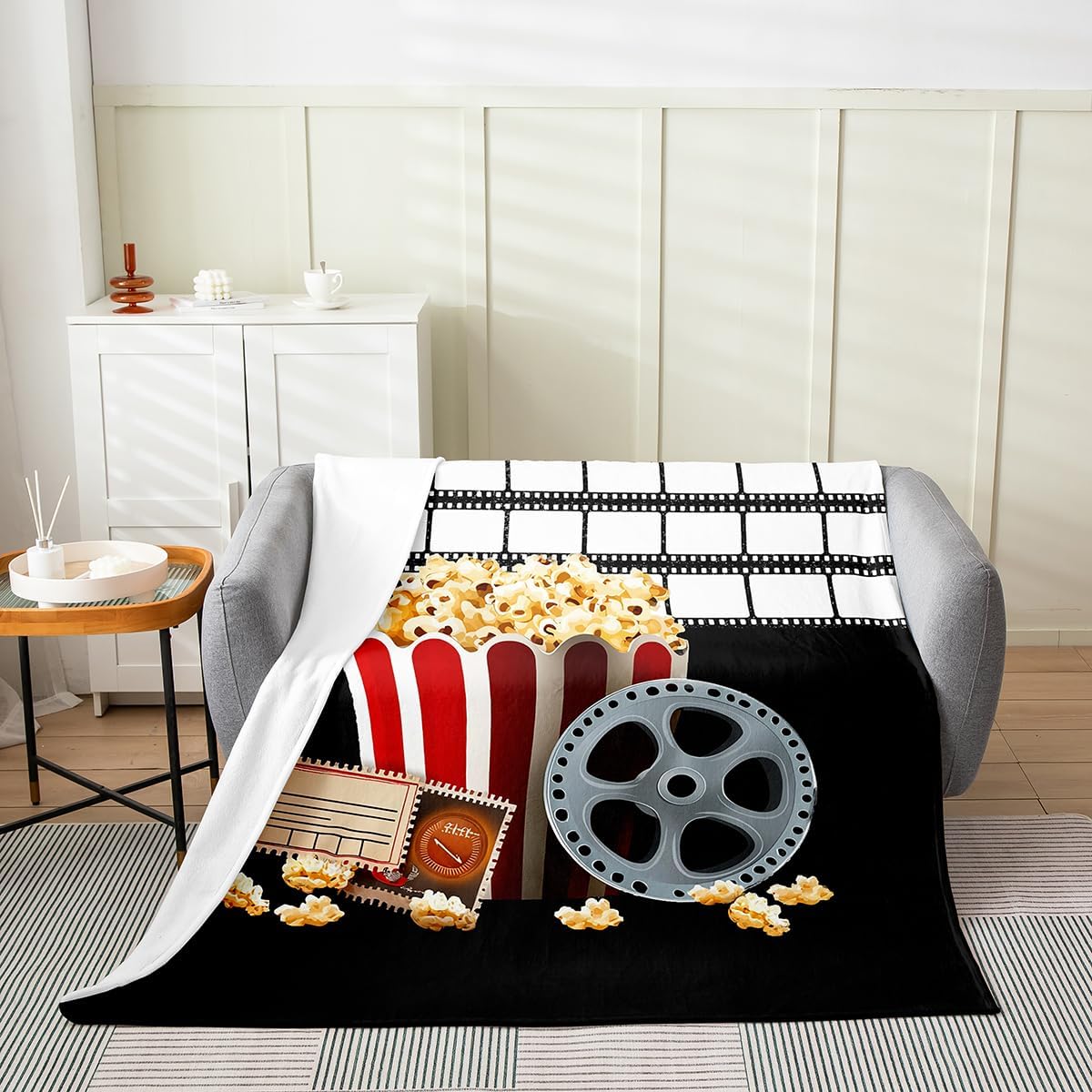 Movie Theater Fleece Blanket Retro Popcorn Clapper Throw Blanket for Couch Bed Film Decor Cinema Snack Pop Corn Fuzzy Blanket Vintage Style Plush Bed Blanket, Throw Size for Home Bedroom Sofa Bed