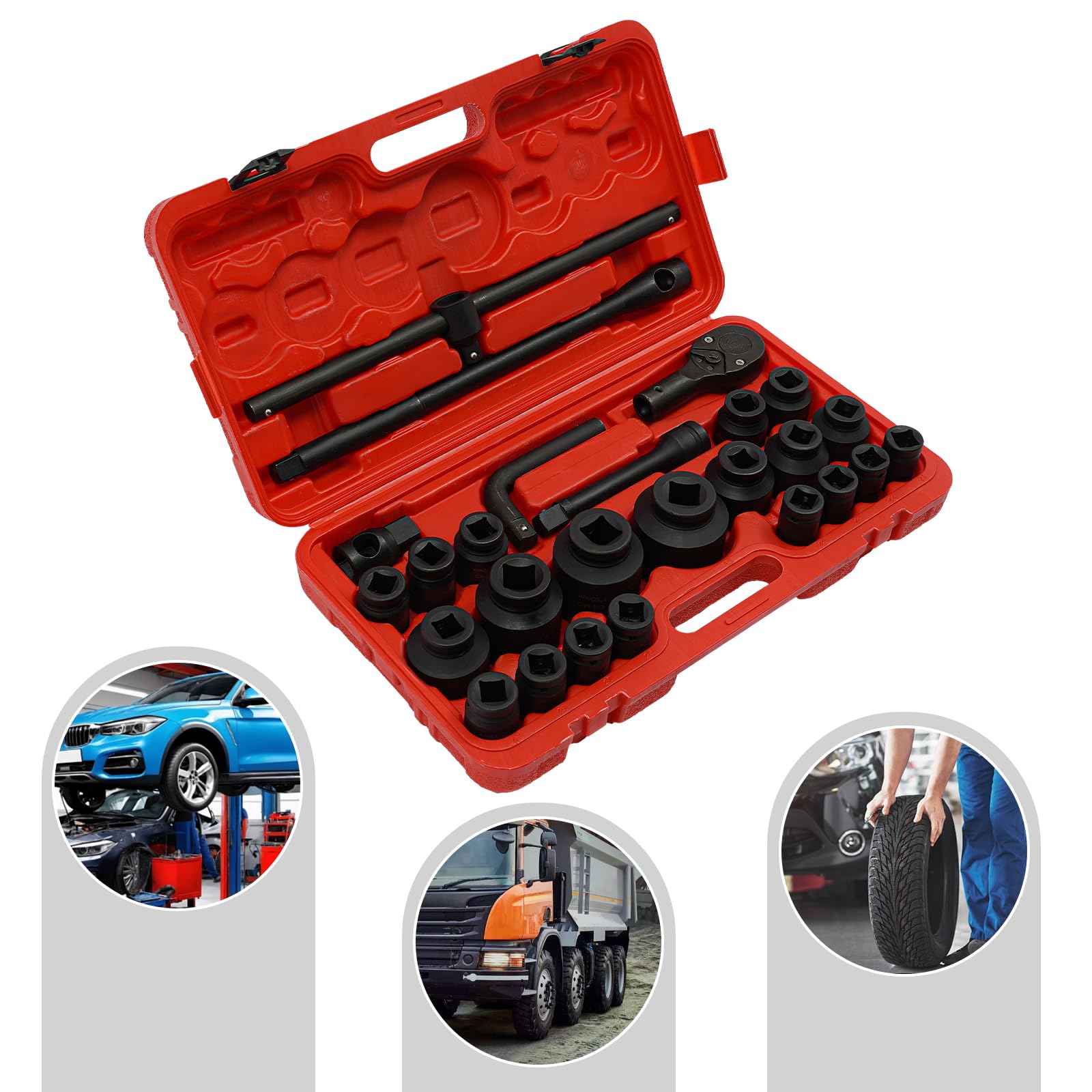 Juego de 26 llaves de vaso profesionales a prueba de explosiones de acero al carbono 45 con maletín de transporte, 3/4" y 1" para reparación de automóviles y uso industrial
