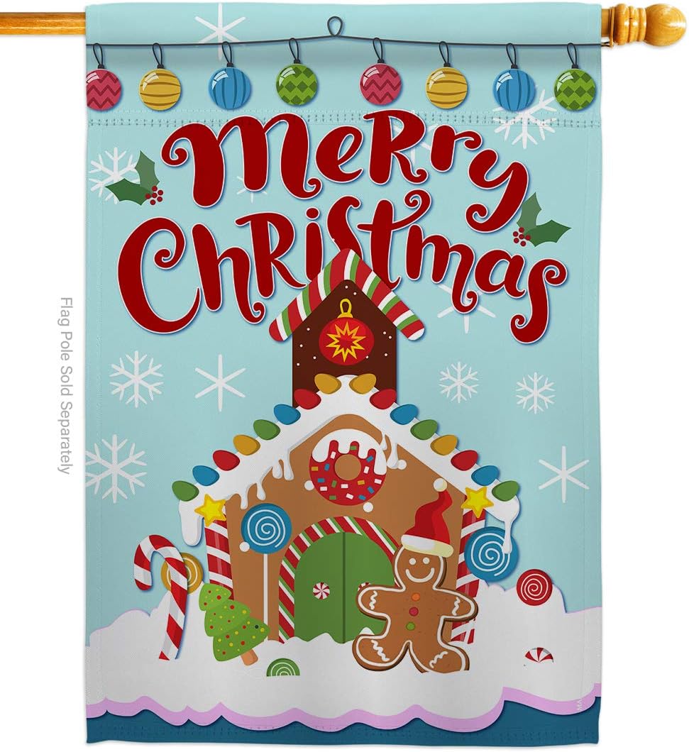 Christmas Gingerbread House Flag Dowel Set Wintertime Santa Marry Xmas Present Reindeer Season Snow Small Decorative Gift Yard Banner Made In USA 28 X 40