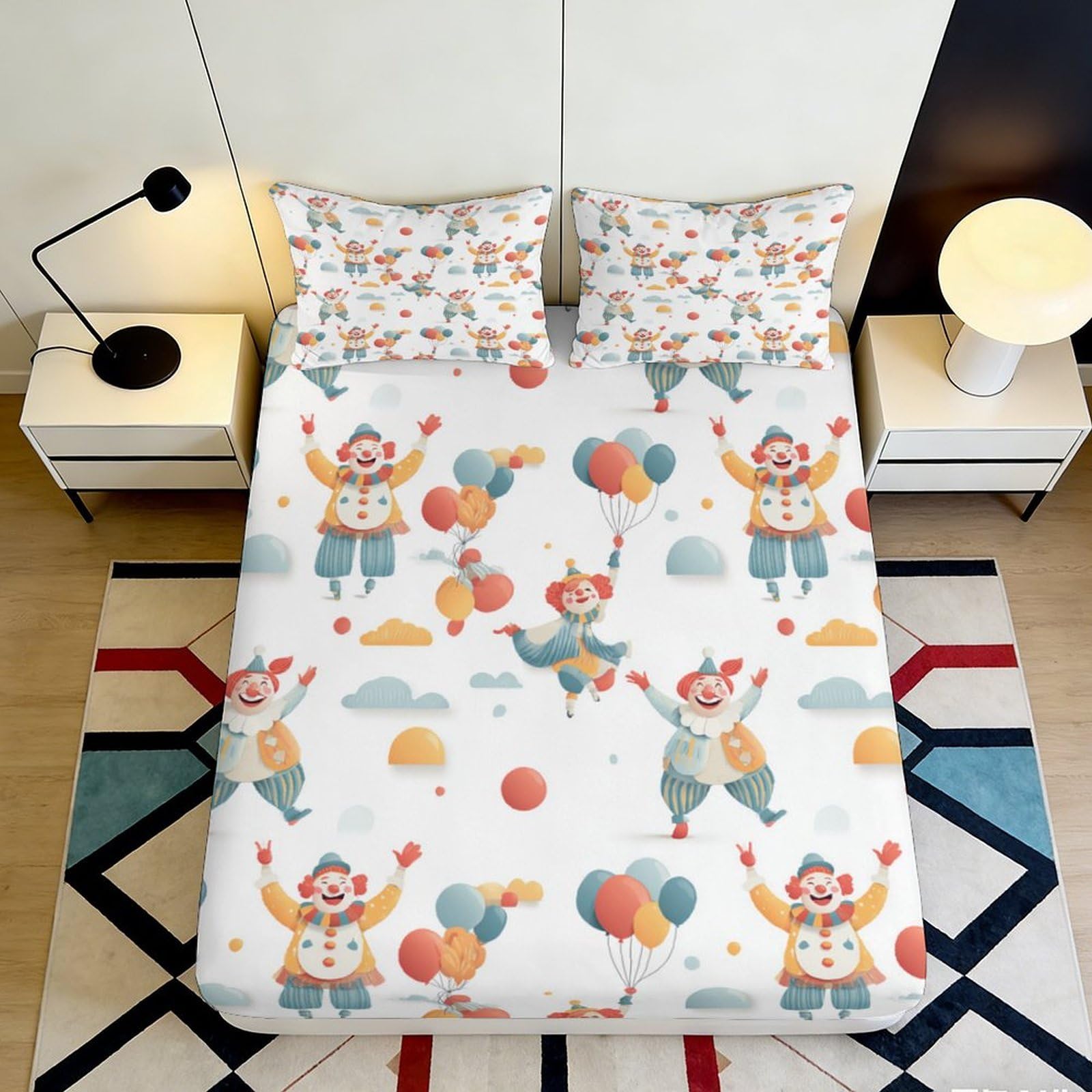 3D Printed Clown Balloon Fitted Sheet Microfiber Soft Anti-Slip Circus Party Mattress Cover for Bedroom Dorm Decorative 90x200x25cm
