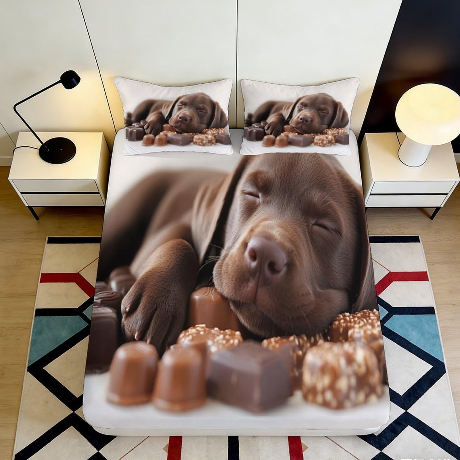 3D Printed Sleeping Puppy Fitted Sheet Microfiber Soft Chocolate Bed Sheet for Bedroom Guestroom Mattress Decor 90x200x25cm