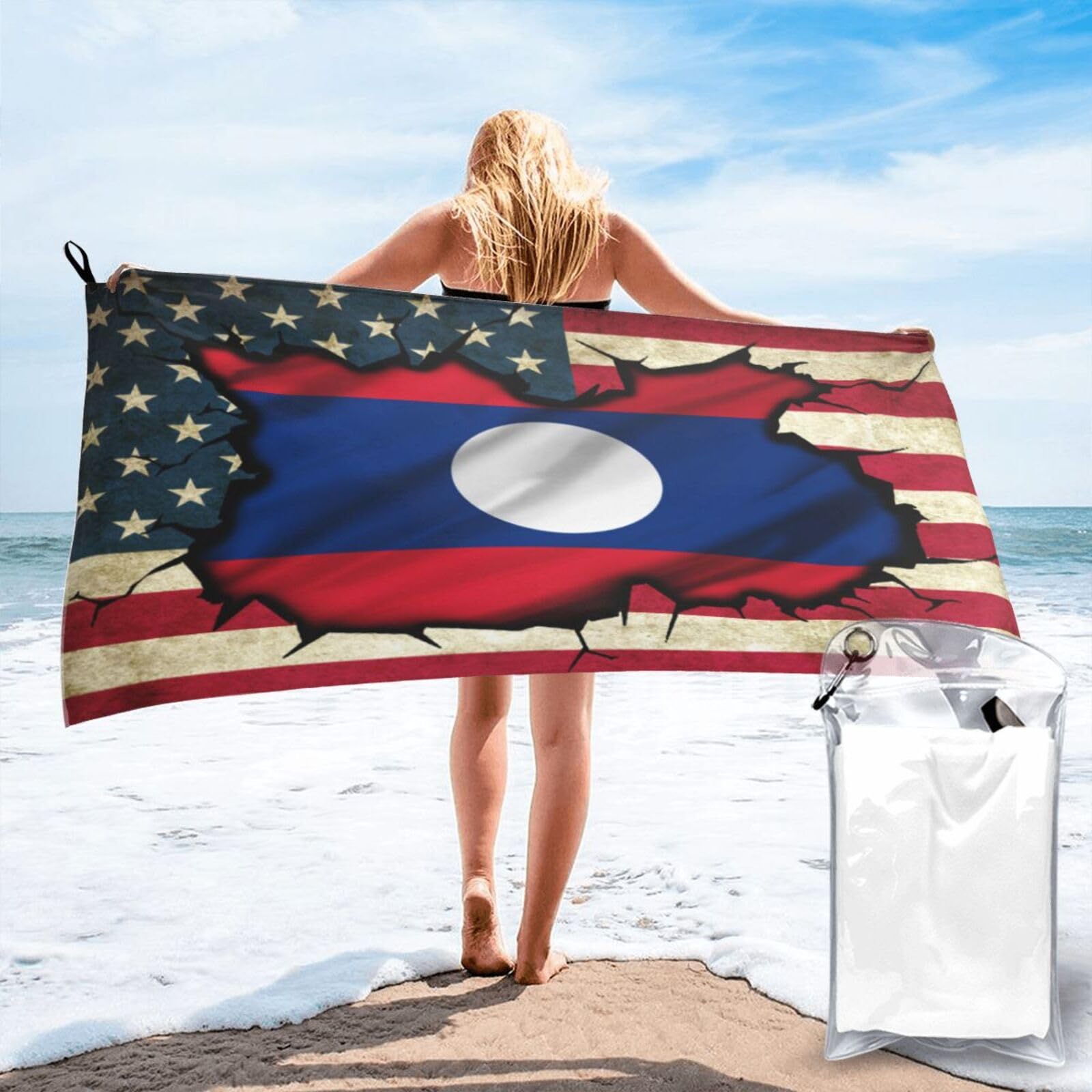 HACXZ Vintage America Flag and Laos Lao Flag Absorbent Beach Towel Microfiber Beach Towel Lightweight 31.5"X63"