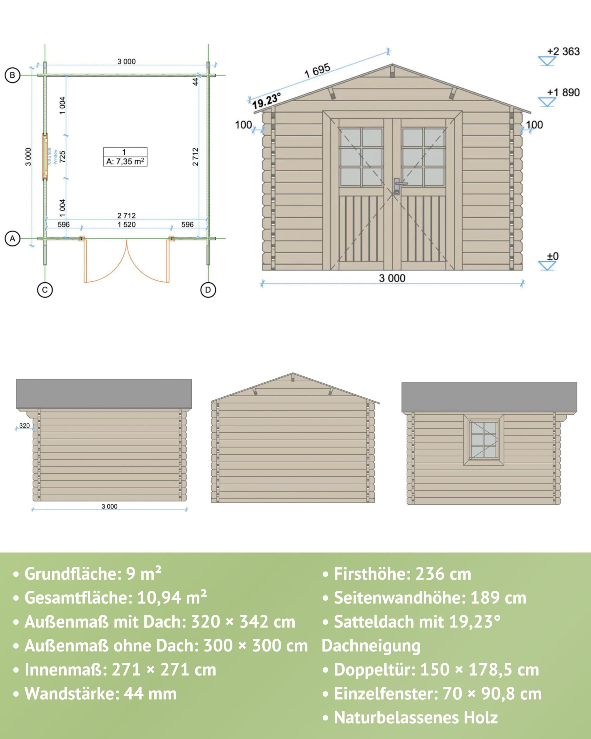 Steiner Shopping Gartenhaus Wiesentraum 05 I 44 mm Blockbohlenhaus aus naturbelassenem Holz I Außenmaß 320 x 342 cm I Gartenhaus mit Satteldach, Doppeltür & Einzelfenster