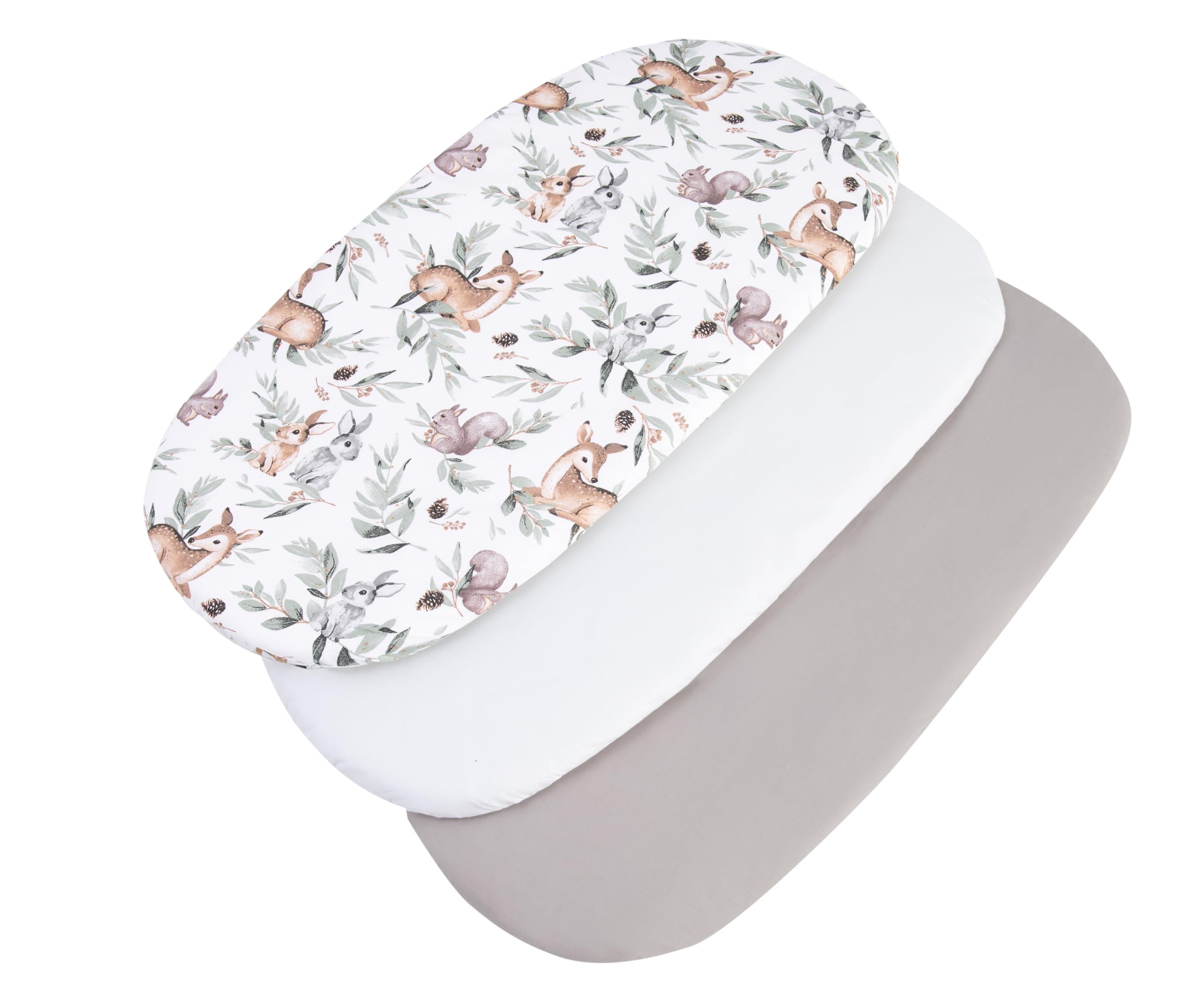 Medi Partners Set of 3 pcs. Fitted Sheet Pram 86 x 40 cm 100% Cotton Mattress Protector Baby, Deer in the Leaves-white-grey, Three pack