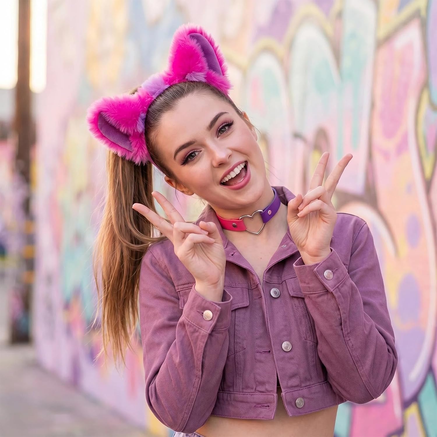 Hikkcos Pink Purple Striped Cat Costume Accessories Set for Adults - Furry Cat Ears Headband & Collar, Halloween Cosplay Fancy Dress Party Costume Kit