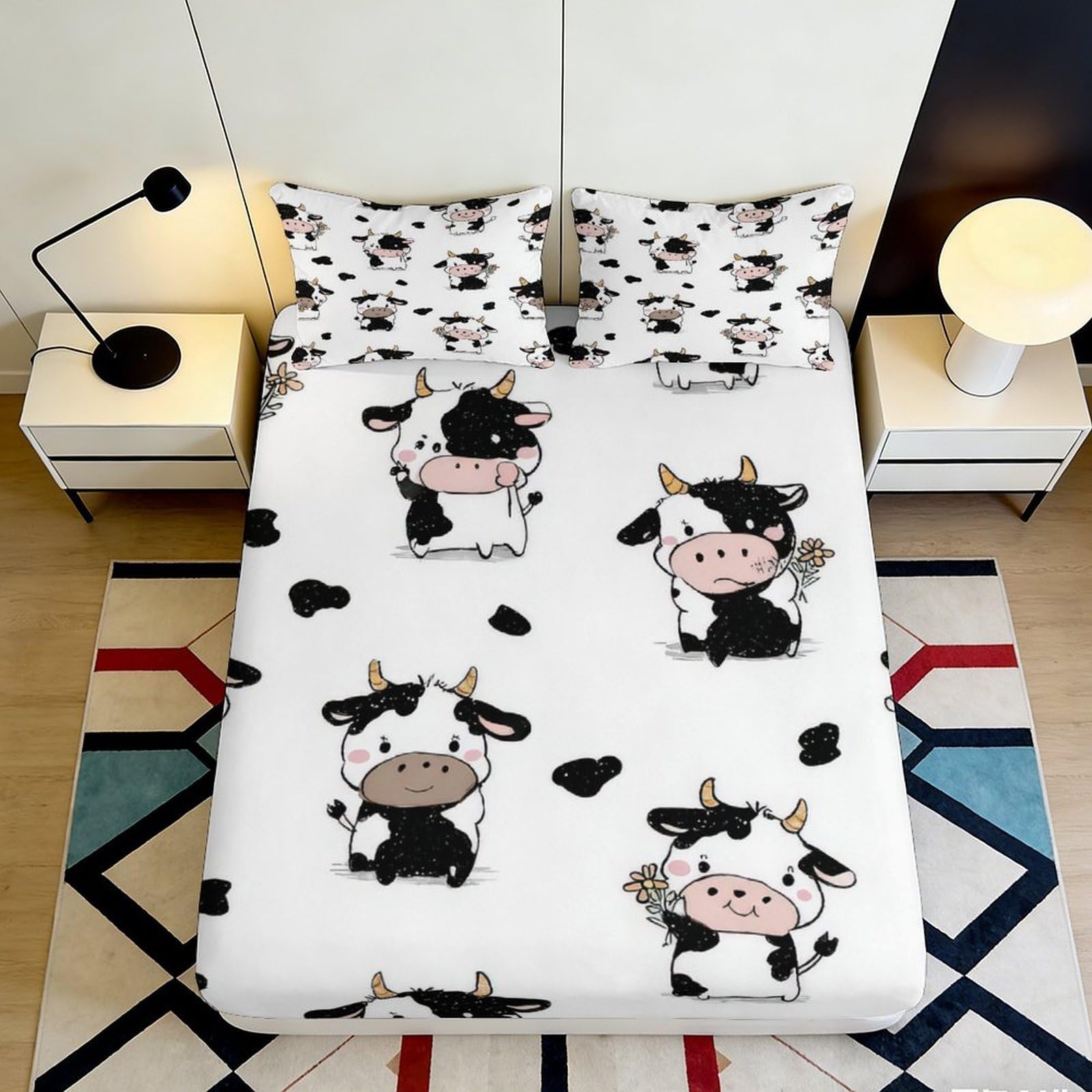 3D Printed Cute Cow Pattern Fitted Sheet Microfiber Soft Durable Cartoon Cow Bed Cover for Bedroom Dormitory Guest Room Mattress Protection Decor 90x200x25cm