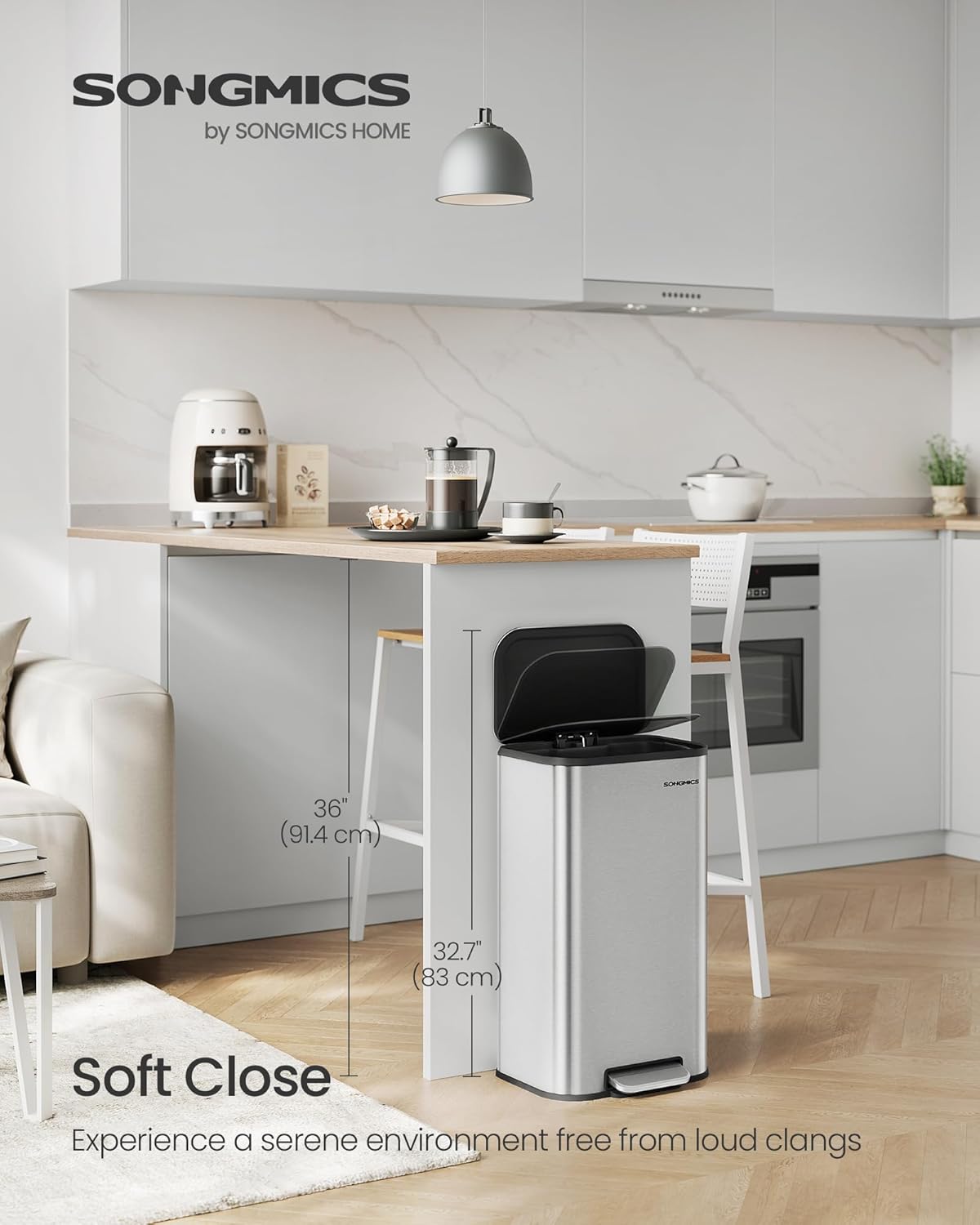 SONGMICS Kitchen Trash Can, 8-Gallon (30 L) Garbage Can with Lid, Stainless Steel, Soft Close and Stays Open, Inner Bucket, Wide Non-Slip Pedal, Metallic Silver ULTB546E01 - Image 2