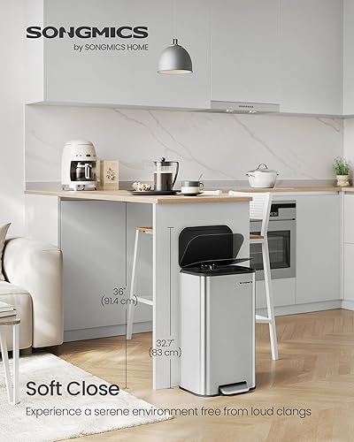 Miniatura 2 de SONGMICS Basurero de cocina de 8 galones (30 L) con tapa, acero inoxidable, cierre suave y se mantiene abierto, cubo interior, pedal antideslizante