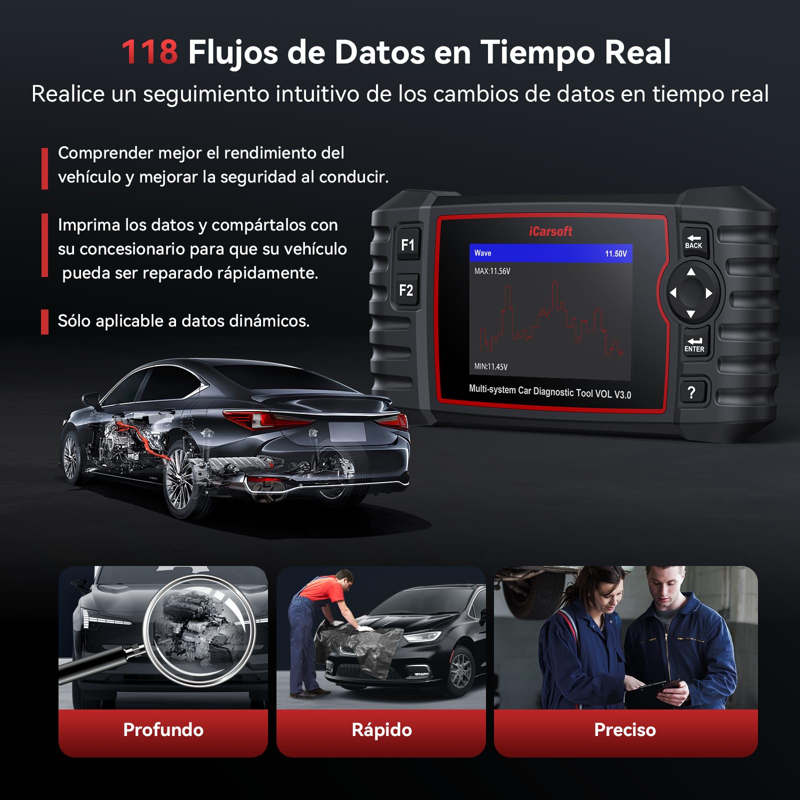 iCarsoft Vol V3.0 OBD2 Máquina Diagnosis Coche para Volvo/SAAB, Bidireccional Escáner de Todo el Sistema, 39 Funciones Reinicio, Prueba de Batería, Vin Automático, Actualizaciones de por Vida